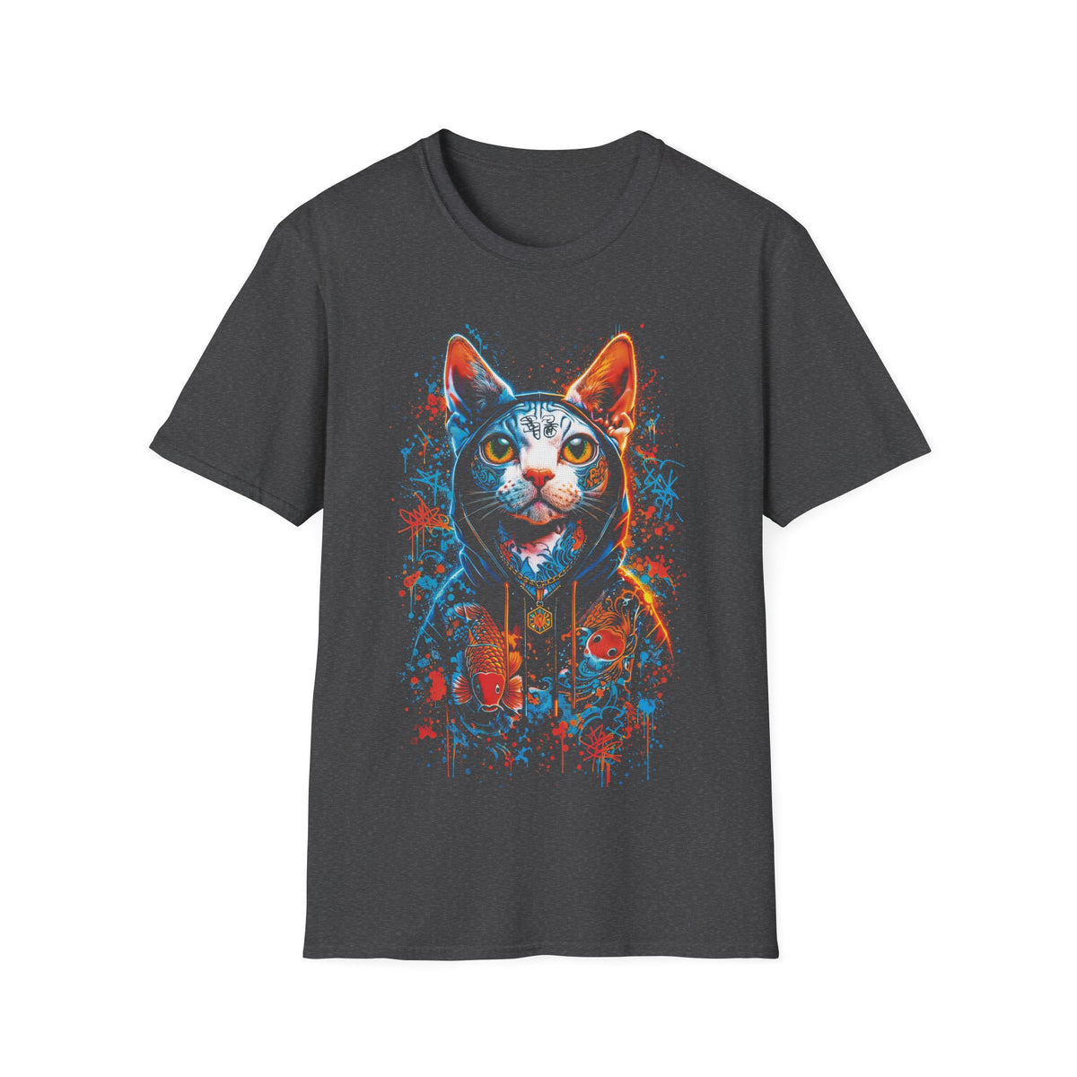 Neon Hoodie Cat T-Shirt – Vibrant Cyberpunk Cat Graphic Tee