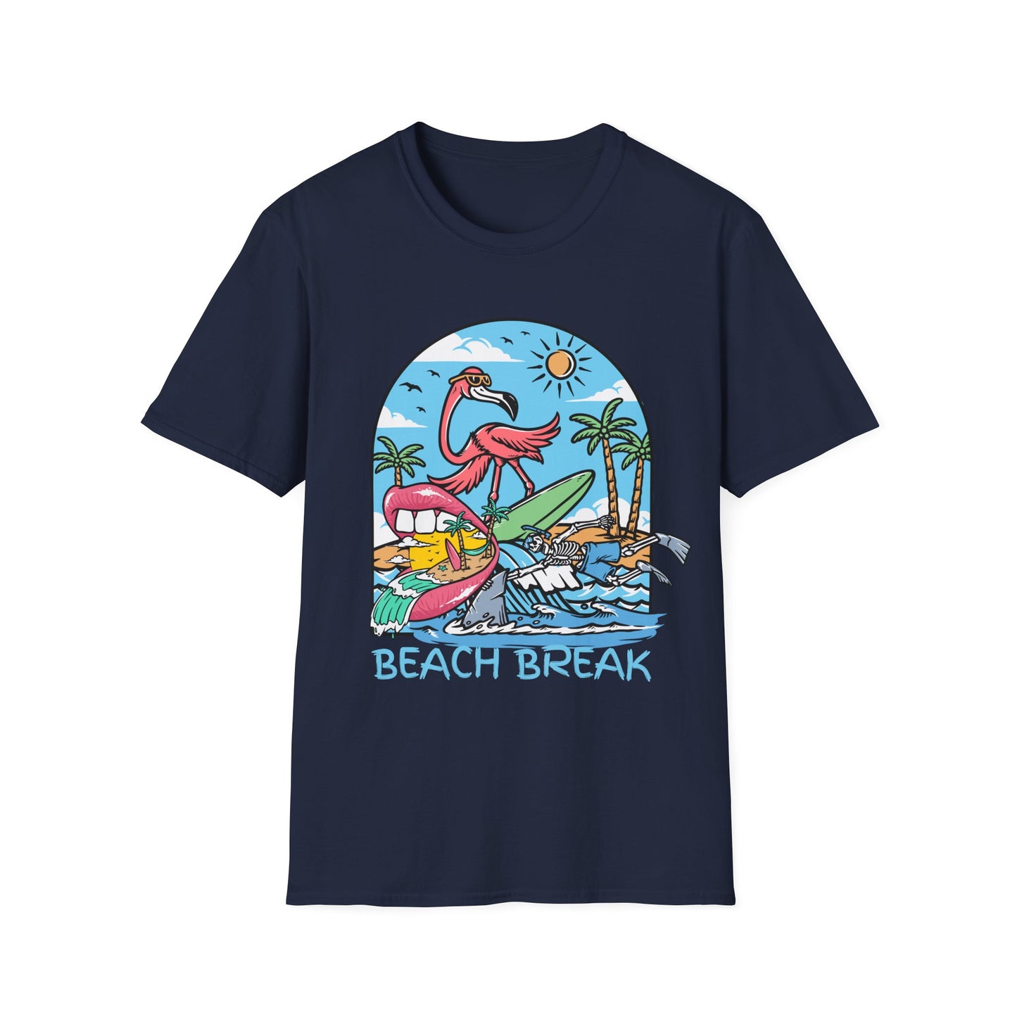 Beach Break T-Shirt — Retro Flamingo Surf Graphic Tee