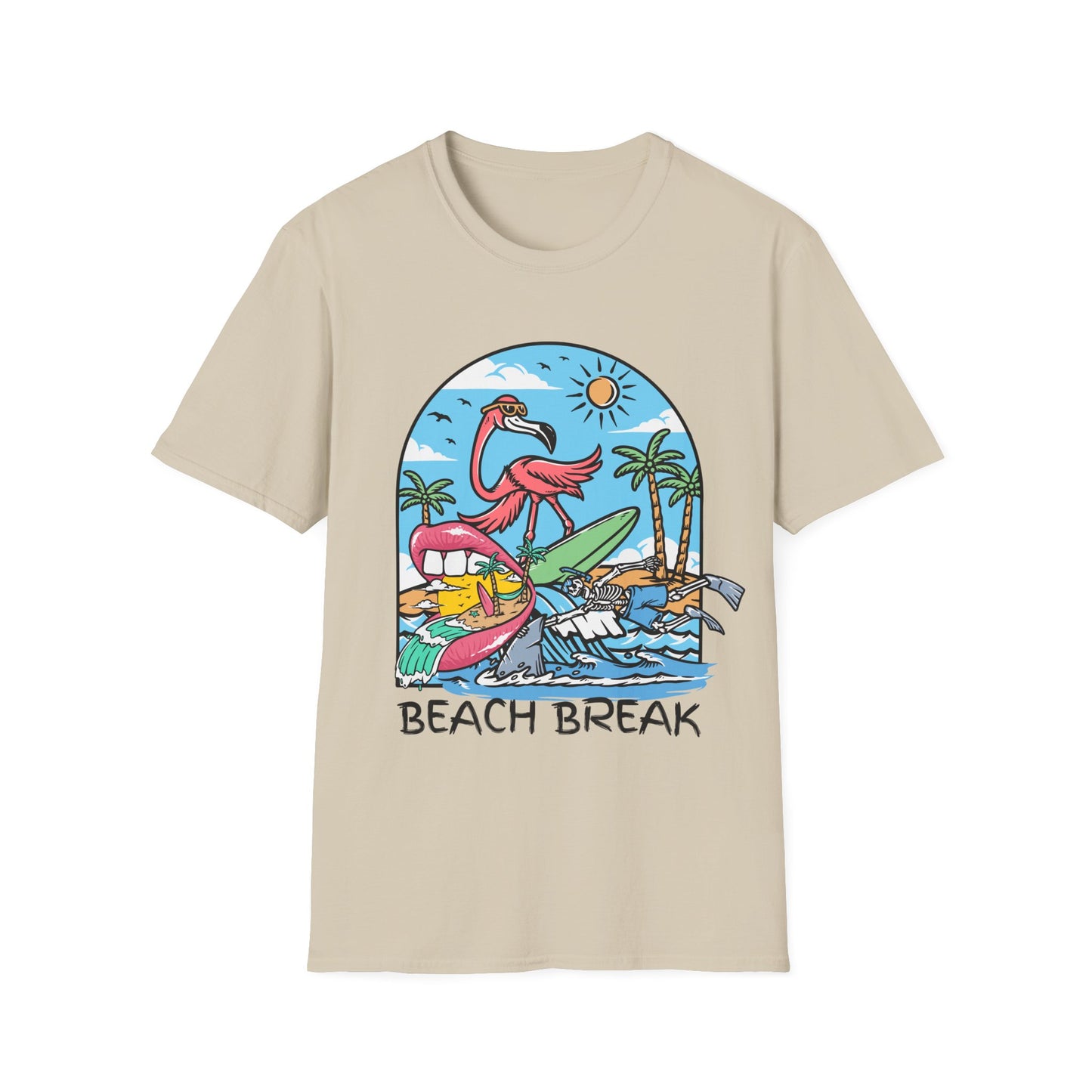 Beach Break T-Shirt — Retro Flamingo Surf Graphic Tee