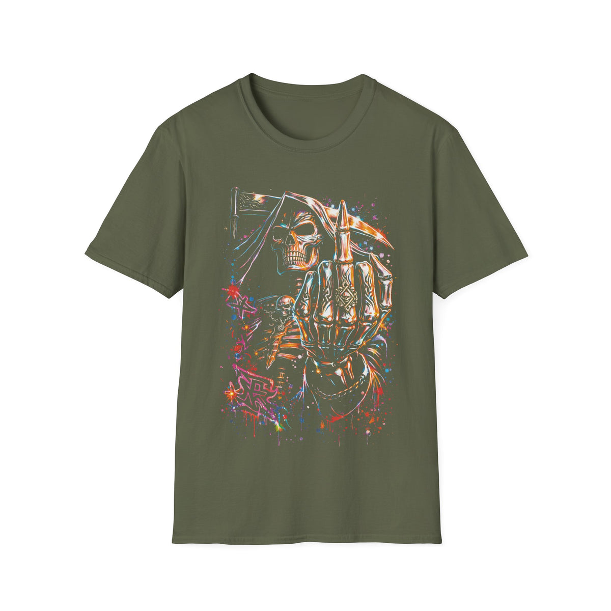 Skull Rebel T-Shirt — Neon Skeleton Middle Finger Graphic Tee