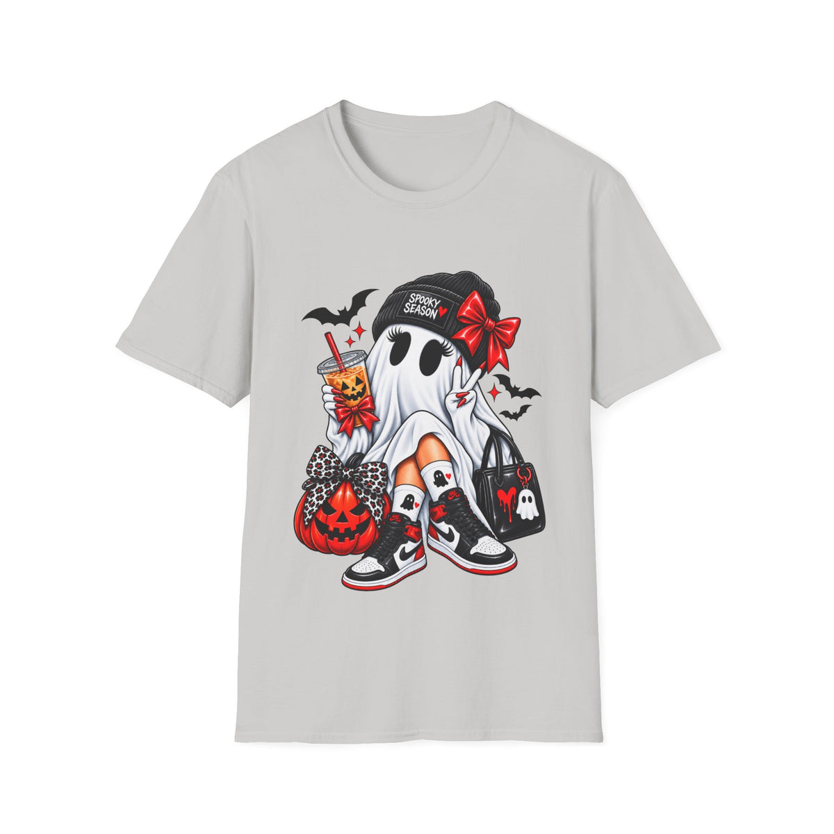 Gothic Ghost Halloween T-Shirt with Bats, Bows and Sneakers