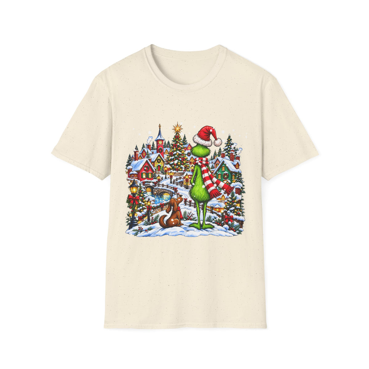 Grinch Christmas Village T‑Shirt – Funny Holiday Holiday Tee with Santa Hat Grinch and Dog