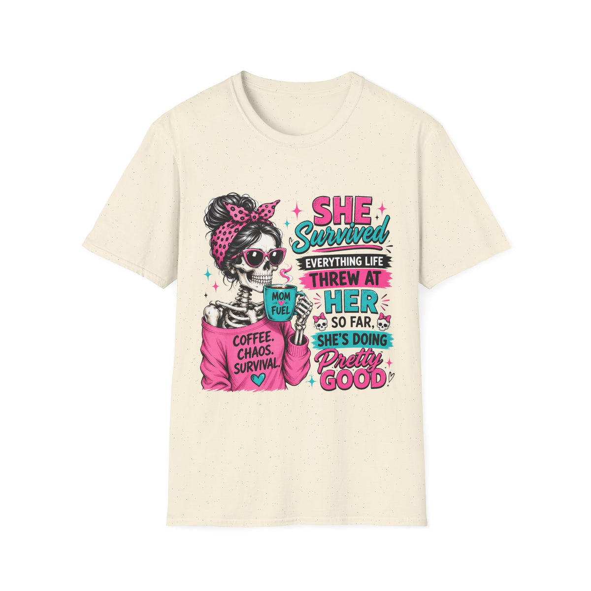 T-Shirt — "She Survived" Skull Graphic Tee — Funny Resilience Shirt for Women, Coffee Chaos Survivor