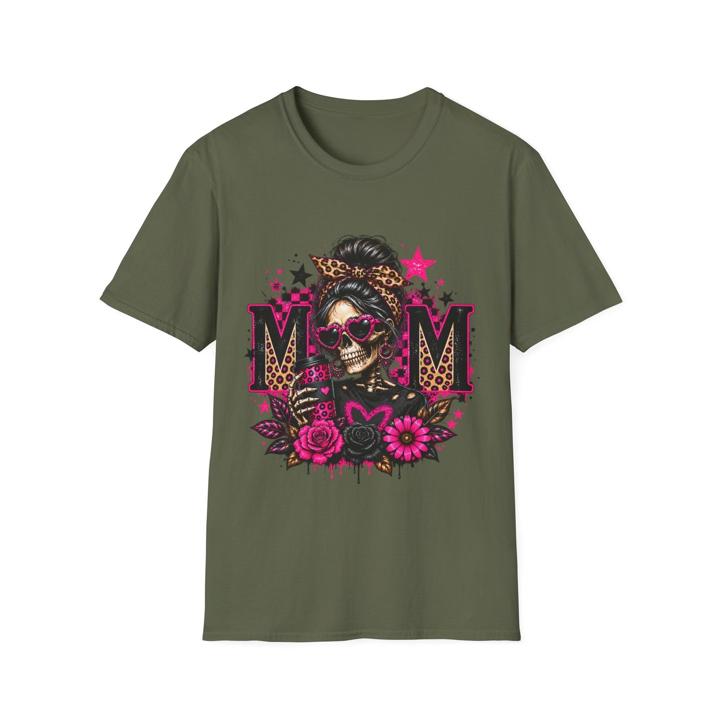 Mom Skull Graphic T-Shirt — Rockabilly Leopard Headband & Pink Floral Design