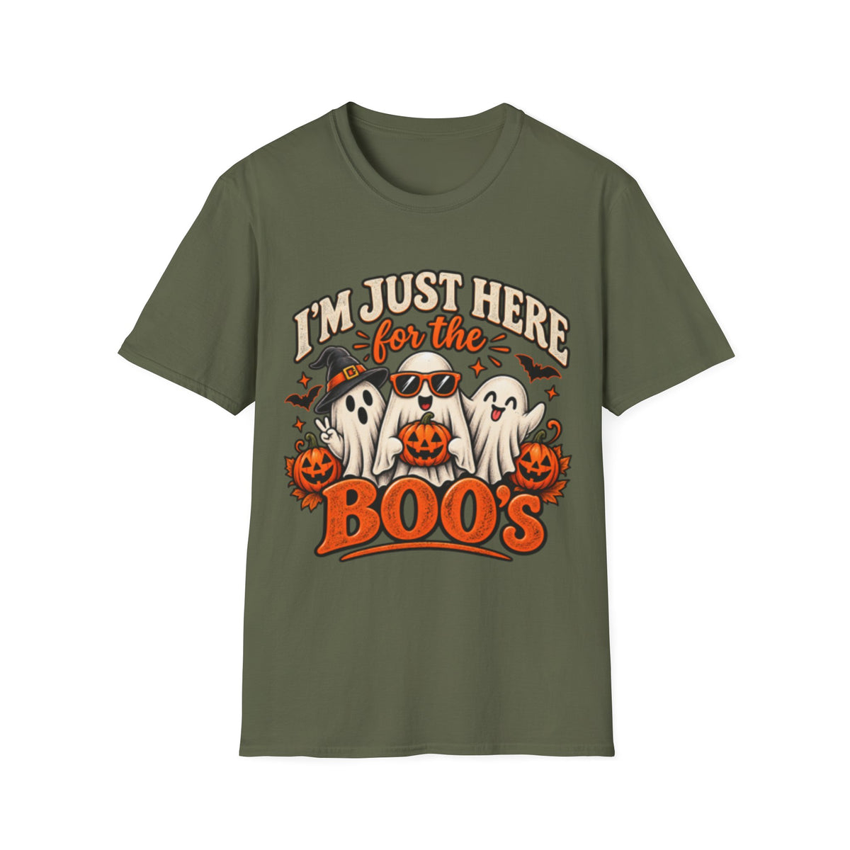 Halloween T-Shirt — "I'm Just Here for the Boos" Cute Ghosts Pumpkin Tee