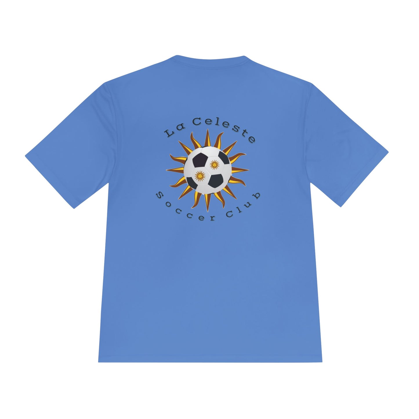 La Celeste S.C. MOM Tee — Moisture-Wicking Soccer Shirt with Sun & Ball Logo