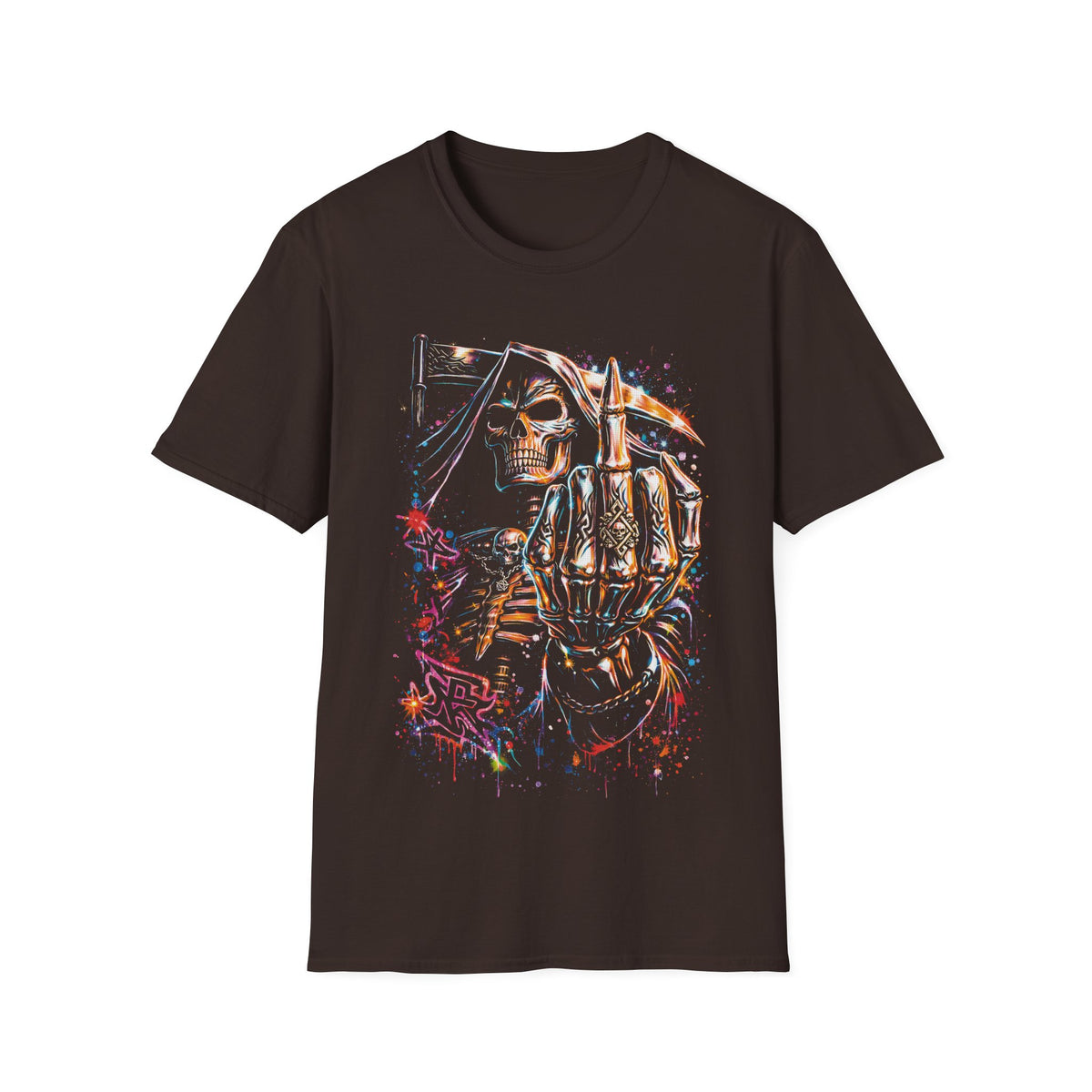 Skull Rebel T-Shirt — Neon Skeleton Middle Finger Graphic Tee