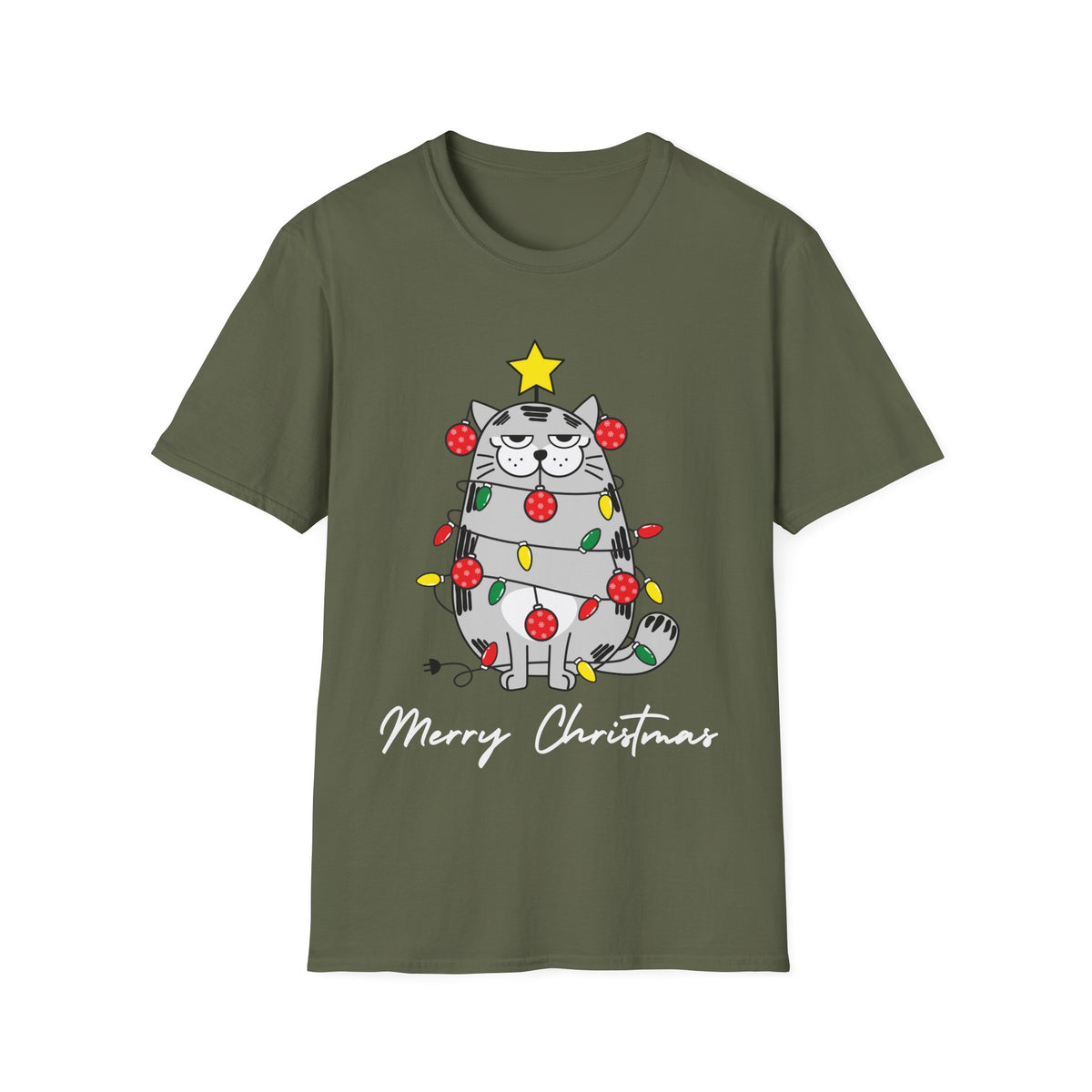 Christmas Cat T-Shirt — "Merry Christmas" Cute Holiday Cat with Lights