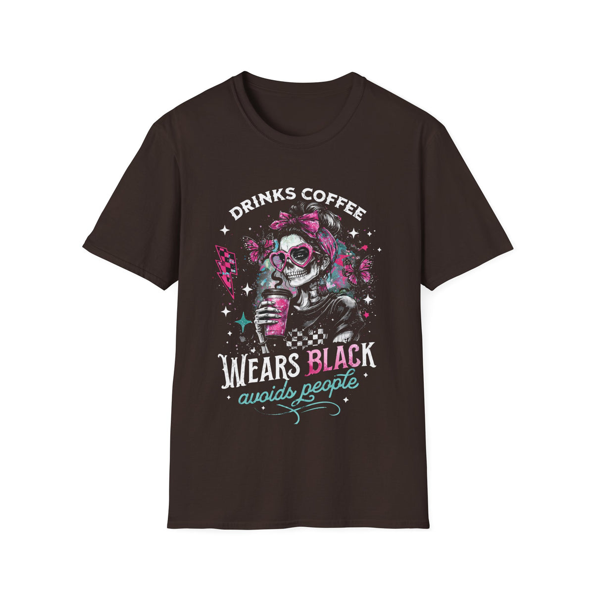 Drinks Coffee, Wears Black Tee — Gothic Skull Coffee Lover T-Shirt