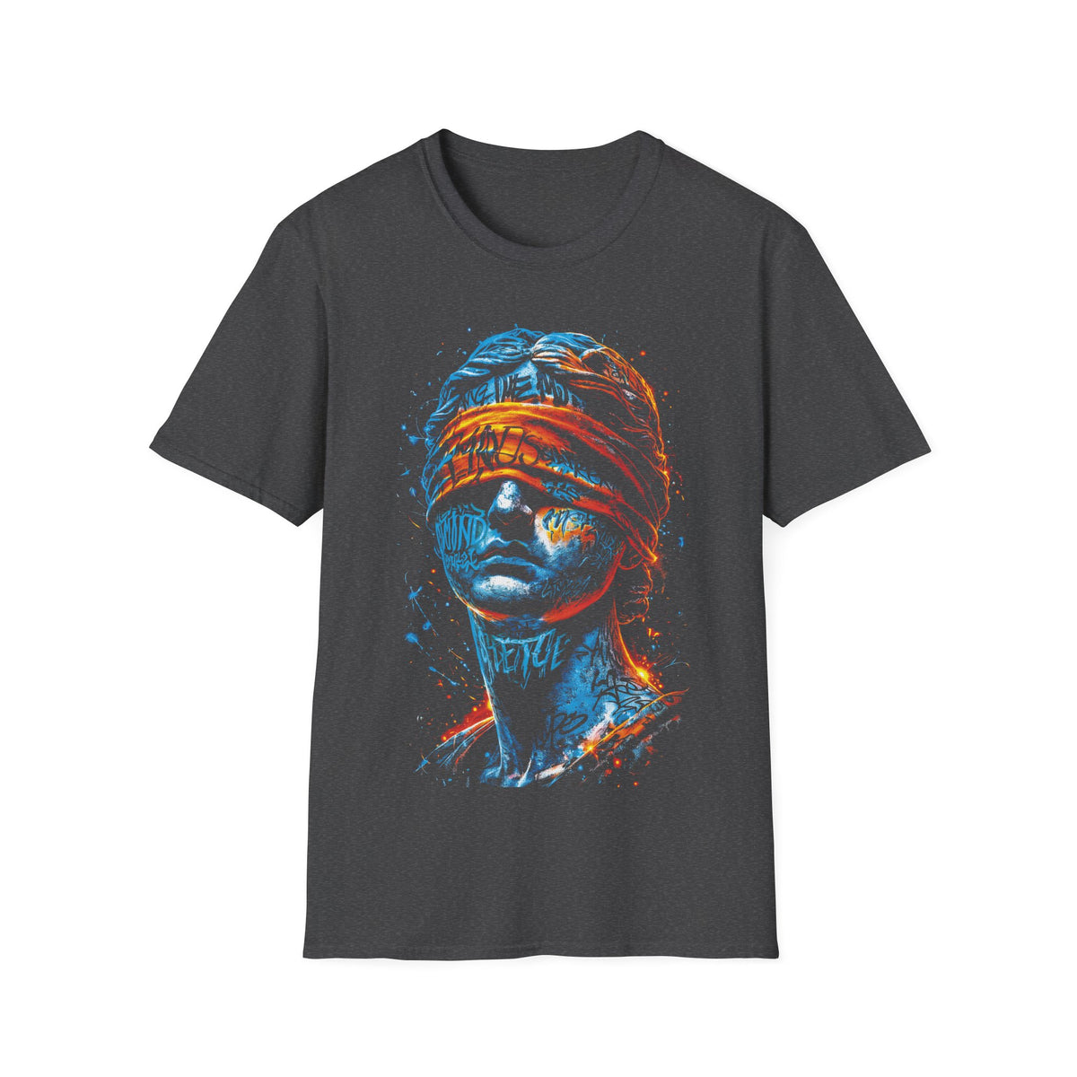Blind Justice Statue T-Shirt — Neon Graffiti Law Advocate Tee