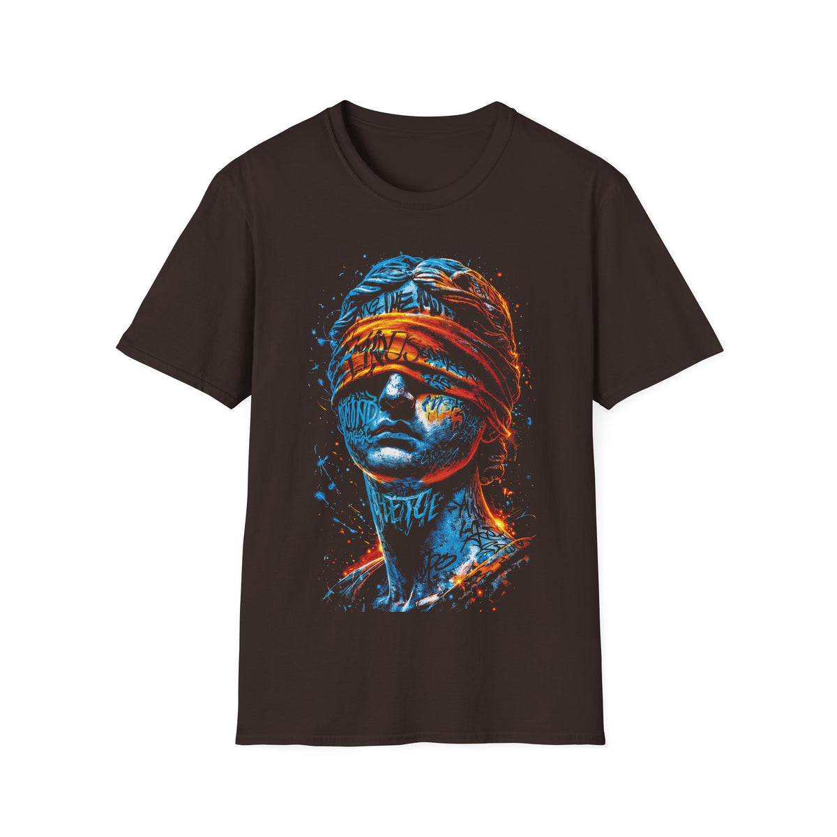 Blind Justice Statue T-Shirt — Neon Graffiti Law Advocate Tee