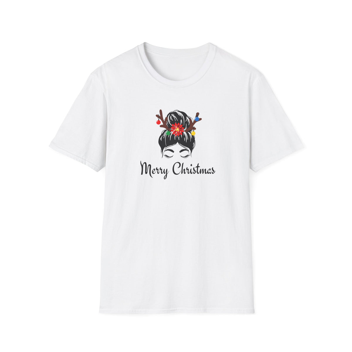 Merry Christmas Messy Bun T-Shirt — Holiday Reindeer Antler Hair Tees