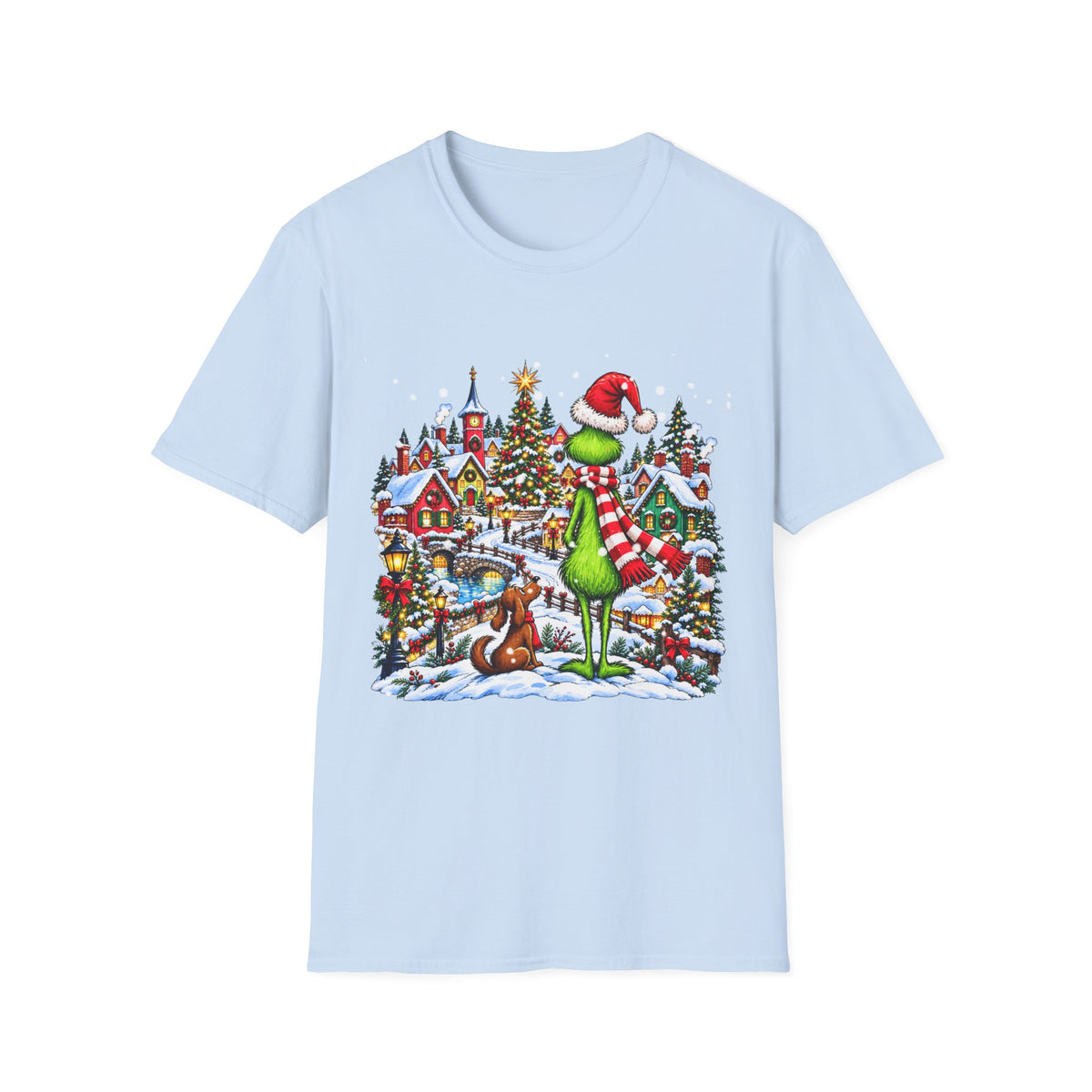 Grinch Christmas Village T‑Shirt – Funny Holiday Holiday Tee with Santa Hat Grinch and Dog