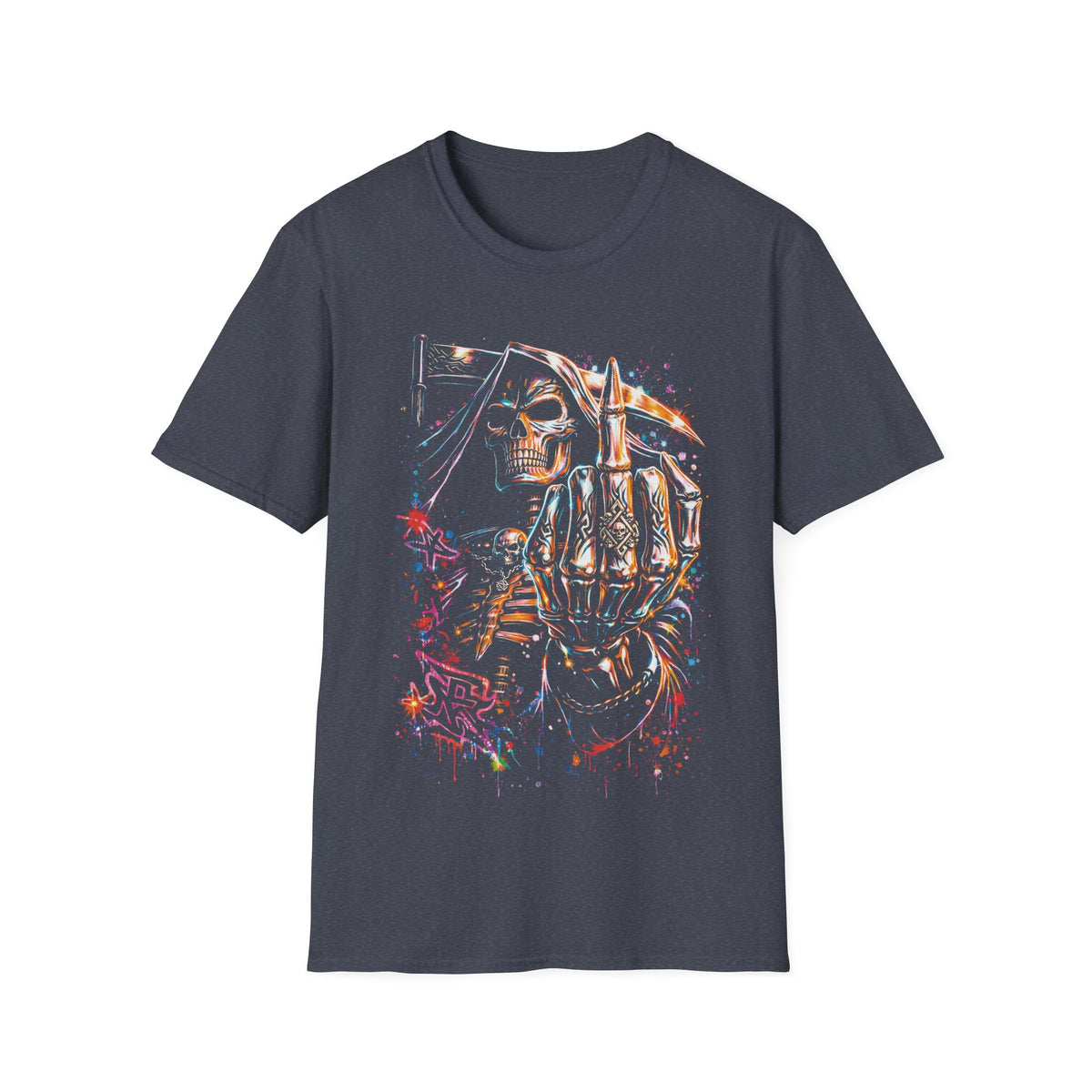 Skull Rebel T-Shirt — Neon Skeleton Middle Finger Graphic Tee