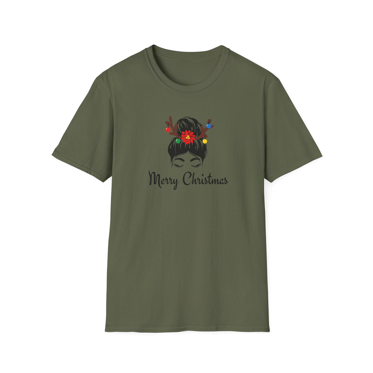 Merry Christmas Messy Bun T-Shirt — Holiday Reindeer Antler Hair Tees