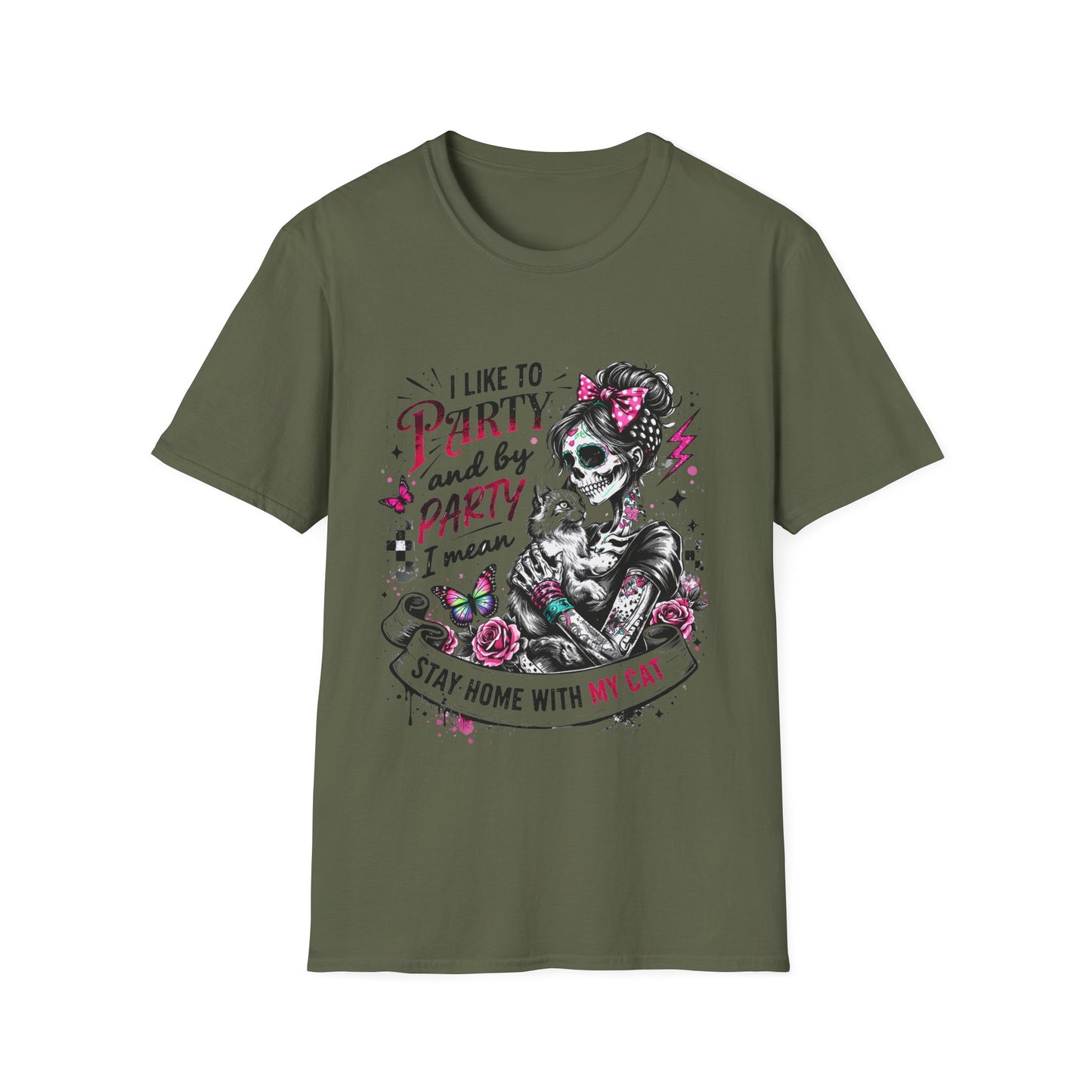 Cat Lover Skull Tee — "I Like to Party and by Party I Mean Stay Home With My Cat"