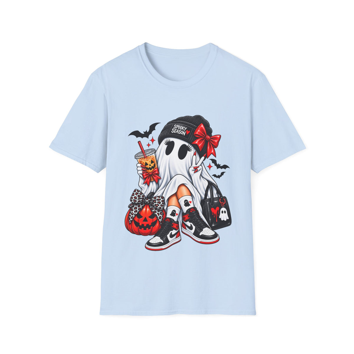 Gothic Ghost Halloween T-Shirt with Bats, Bows and Sneakers