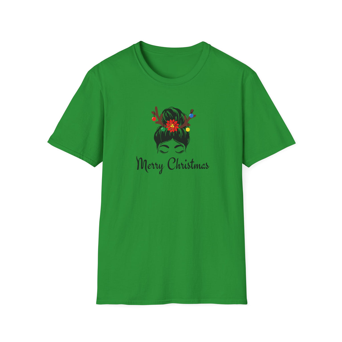 Merry Christmas Messy Bun T-Shirt — Holiday Reindeer Antler Hair Tees