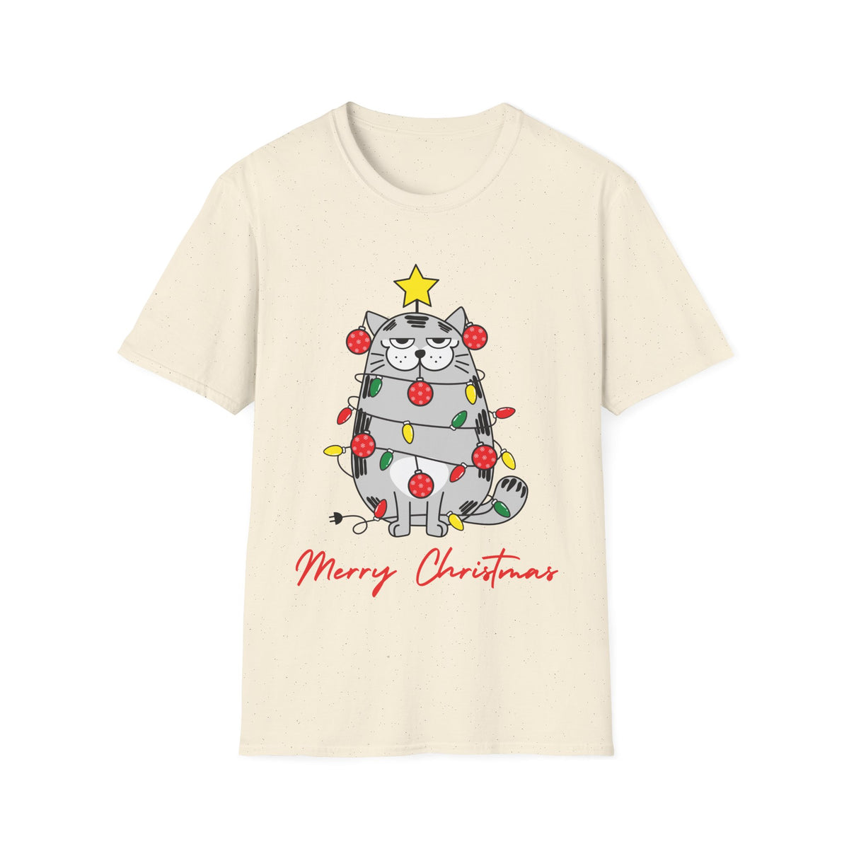 Christmas Cat T-Shirt — "Merry Christmas" Cute Holiday Cat with Lights