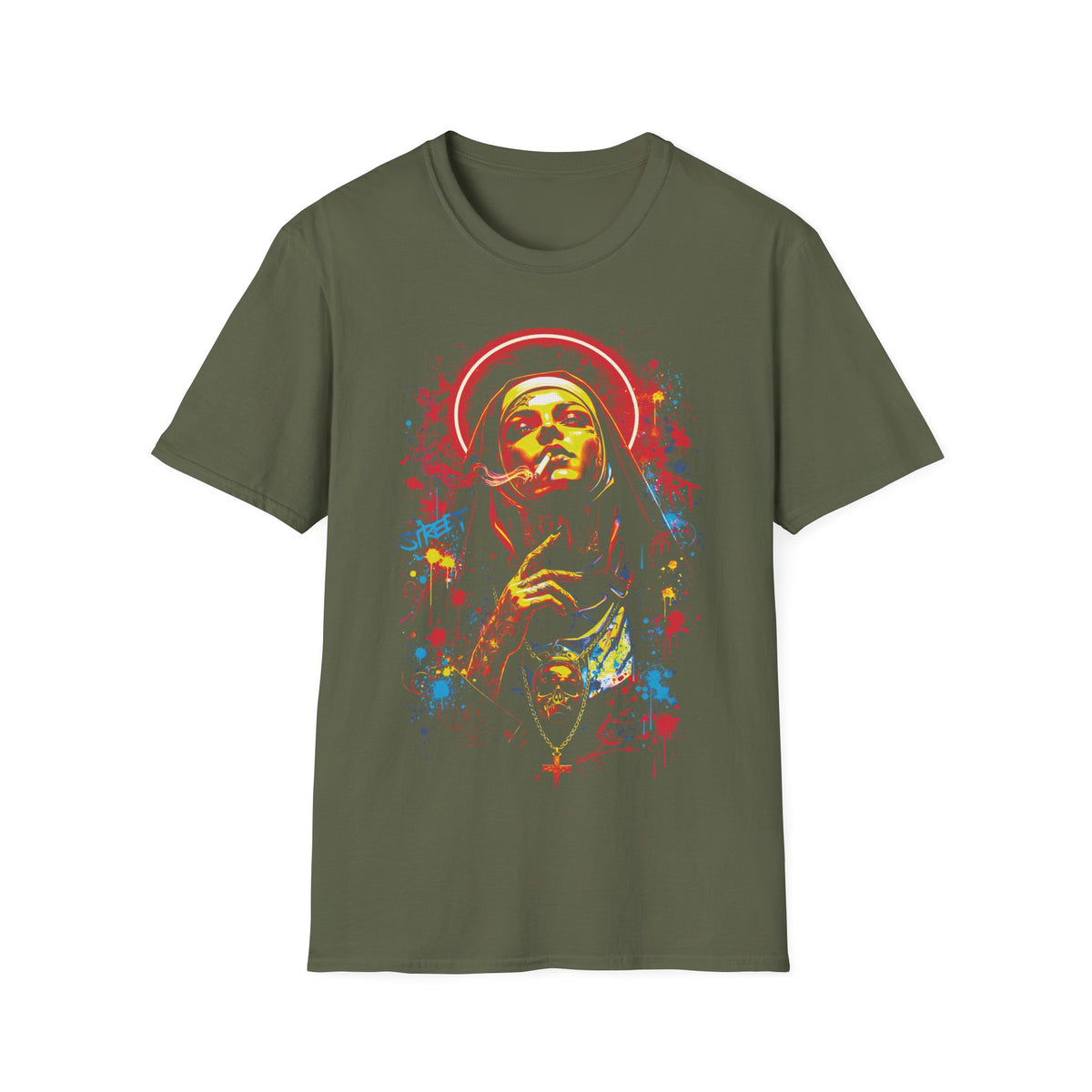 Saint Sketch Watercolor T‑Shirt — Colorful Graffiti Religious Art Tee