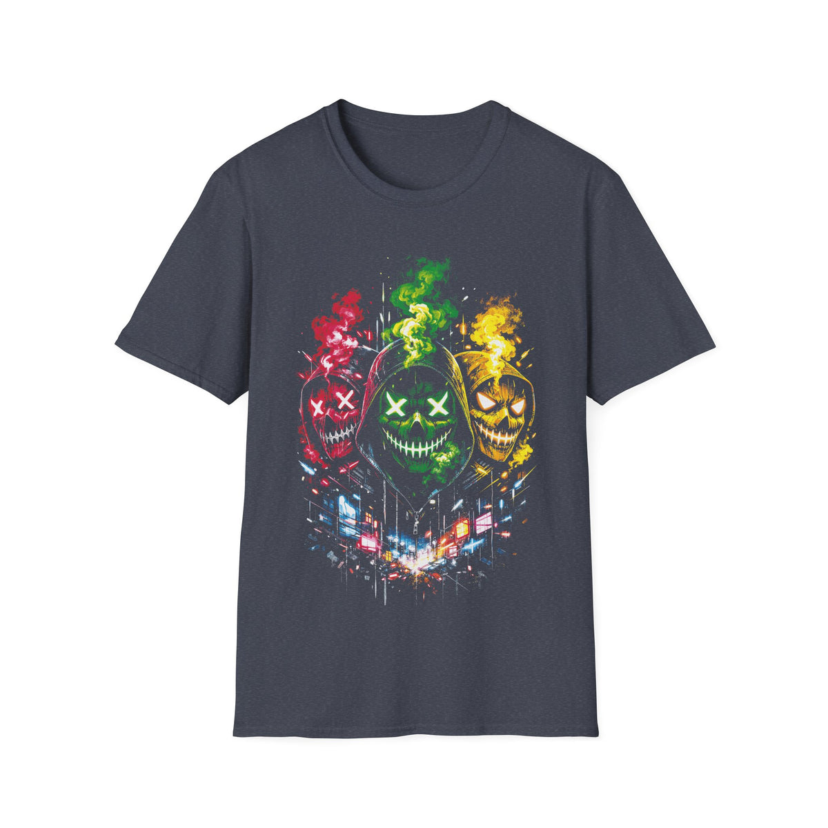 Skull Triptych Graphic T-Shirt — Neon Horror Mask Design