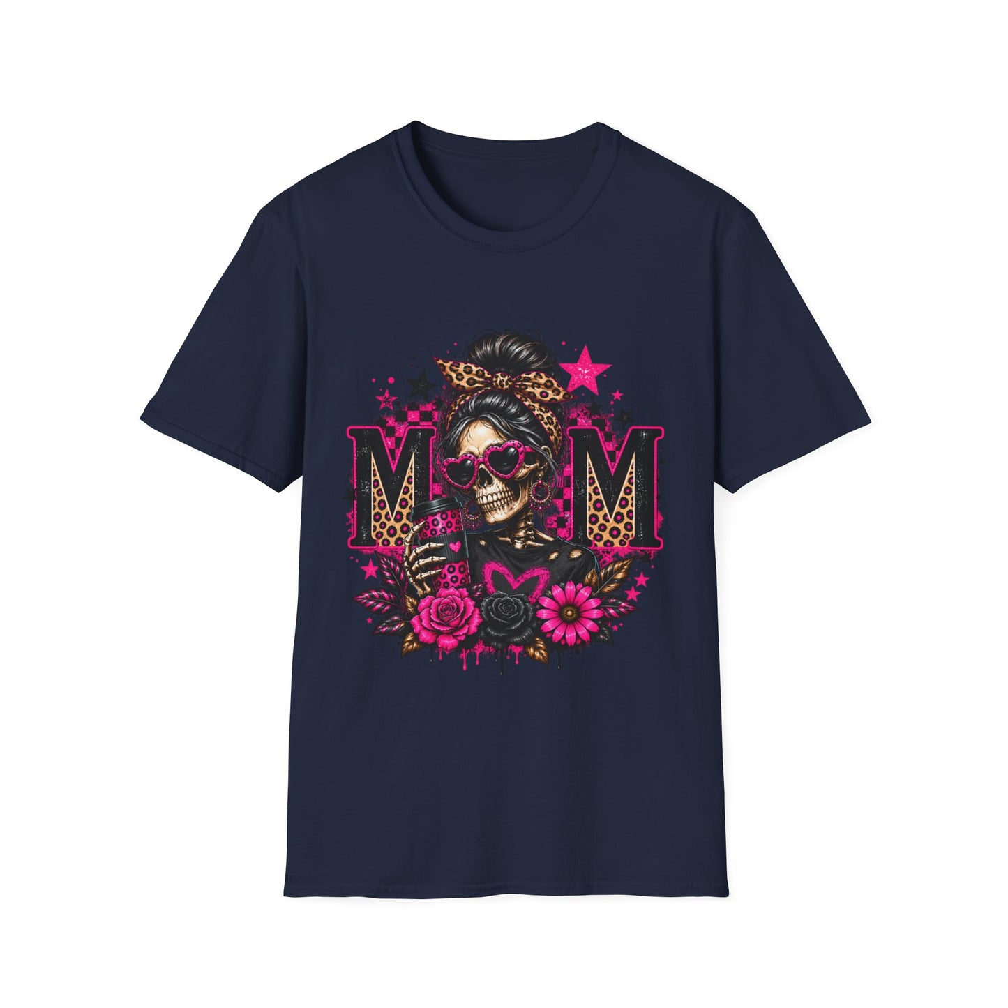 Mom Skull Graphic T-Shirt — Rockabilly Leopard Headband & Pink Floral Design