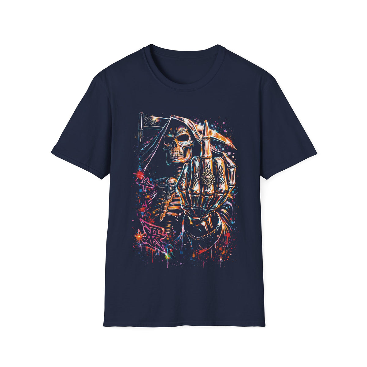 Skull Rebel T-Shirt — Neon Skeleton Middle Finger Graphic Tee