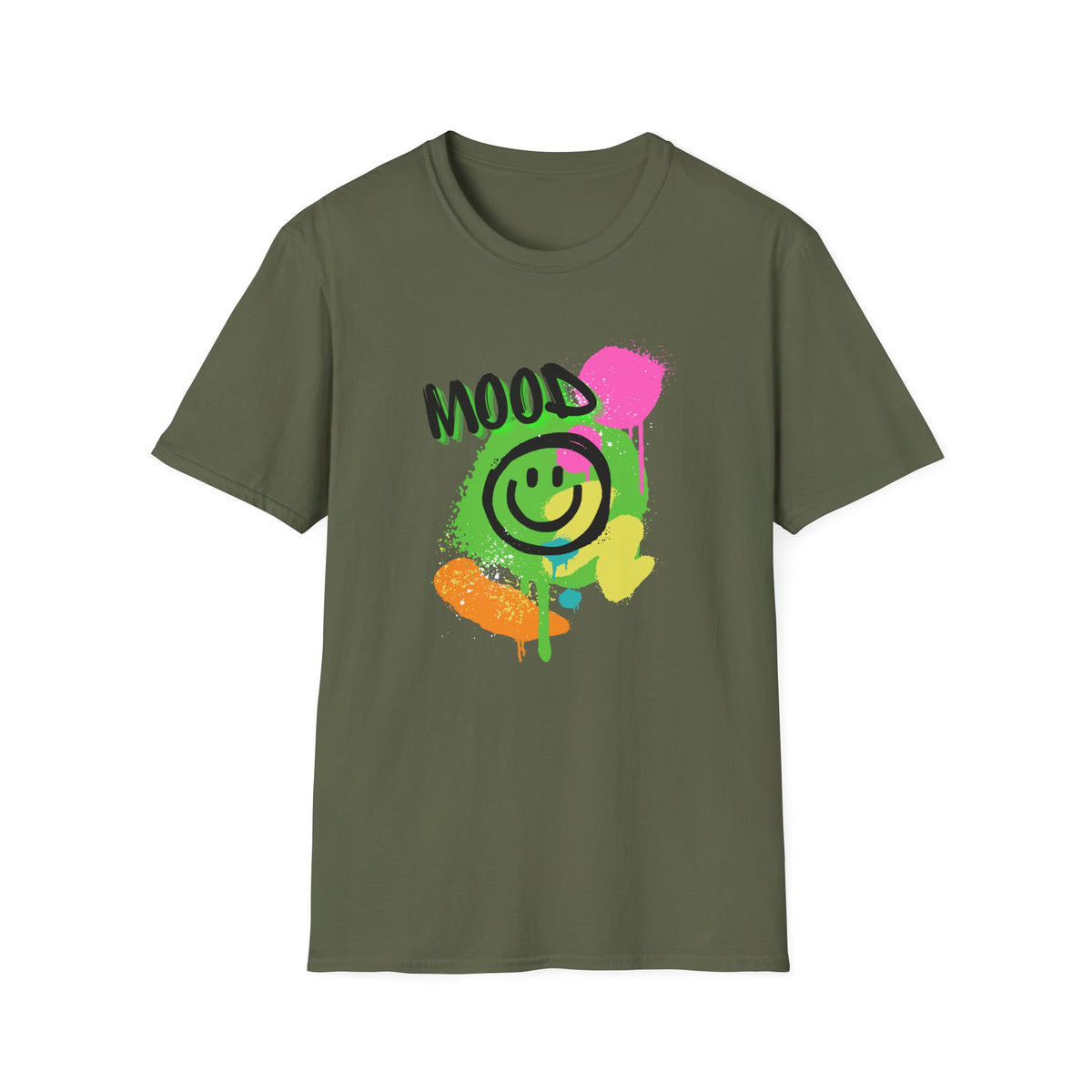 Mood Smile Graffiti T-Shirt — Neon Paint Drip Streetwear Tee