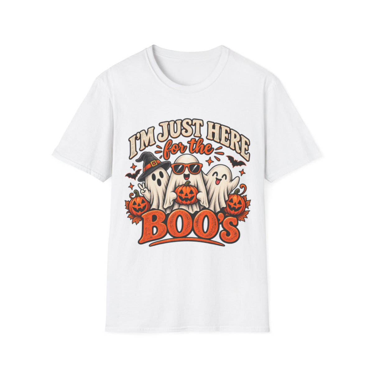 Halloween T-Shirt — "I'm Just Here for the Boos" Cute Ghosts Pumpkin Tee