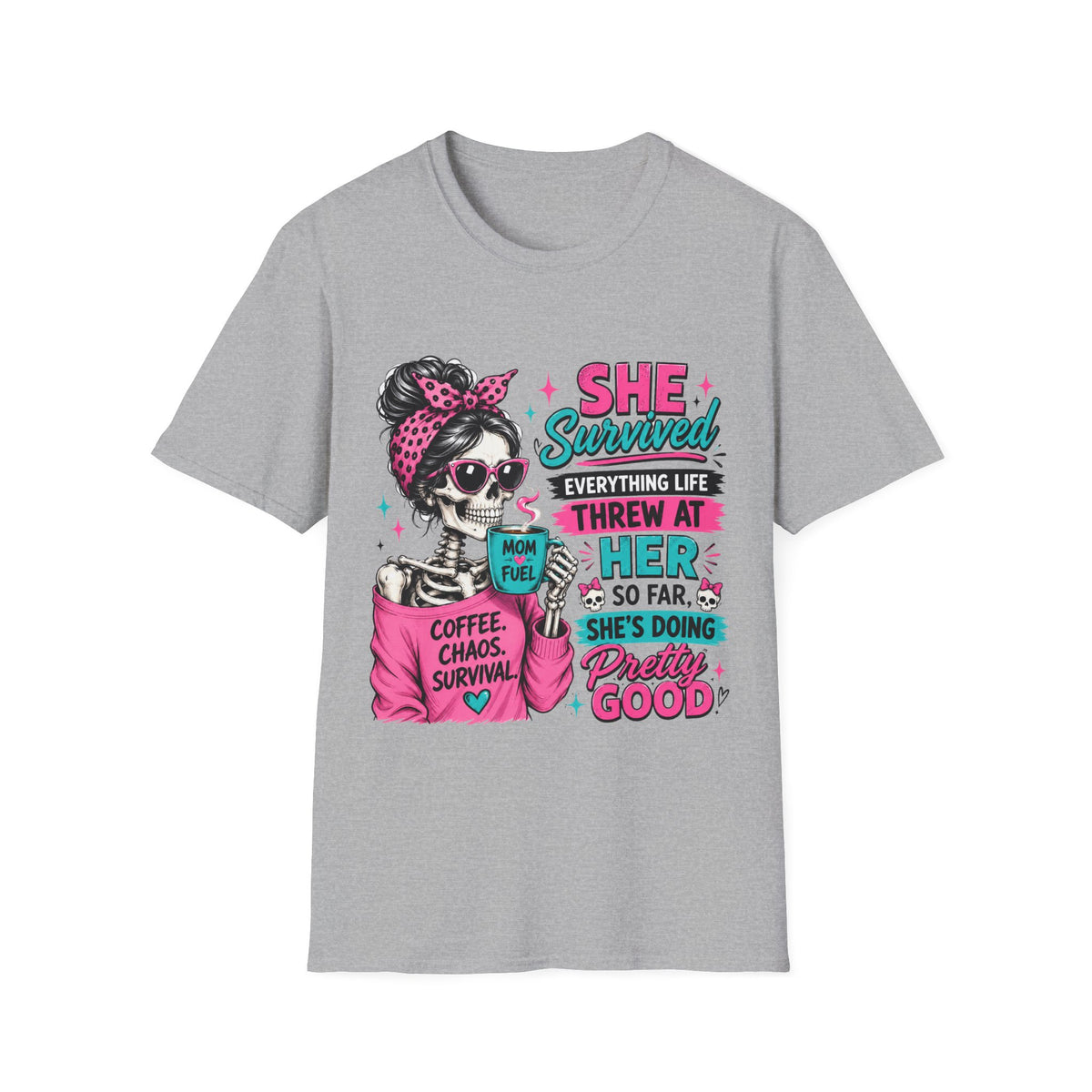 T-Shirt — "She Survived" Skull Graphic Tee — Funny Resilience Shirt for Women, Coffee Chaos Survivor