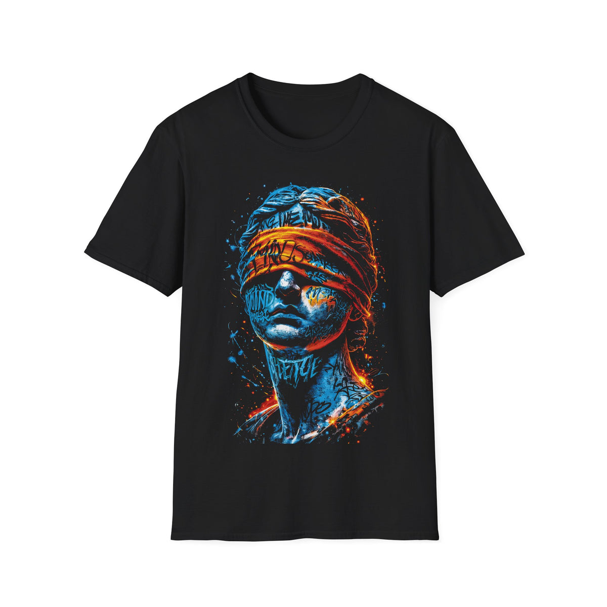 Blind Justice Statue T-Shirt — Neon Graffiti Law Advocate Tee