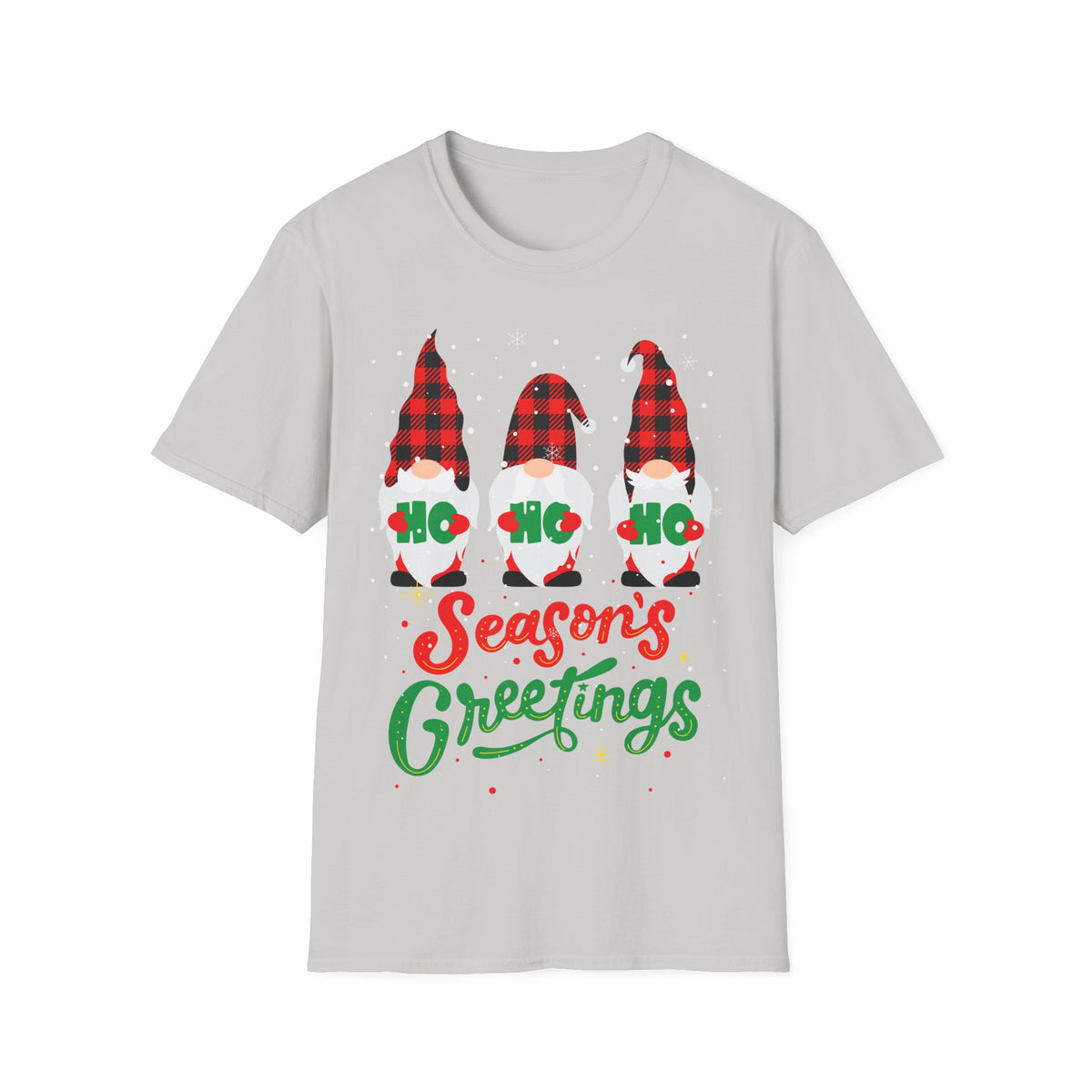 Christmas Gnome T-Shirt — Plaid ‘Ho Ho Ho’ Seasons Greetings Holiday Tee