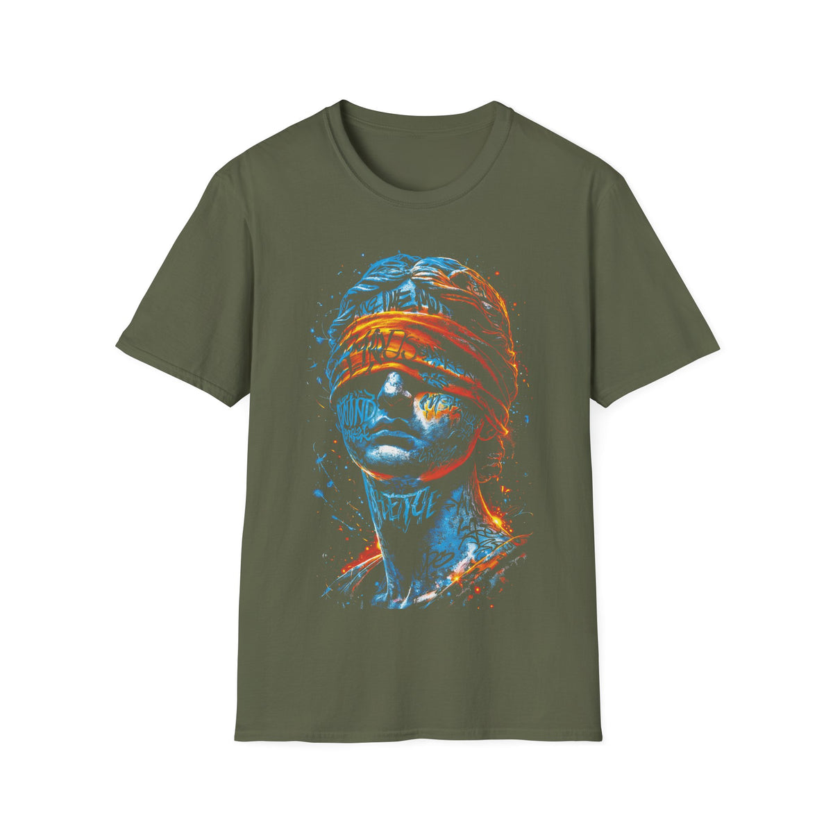 Blind Justice Statue T-Shirt — Neon Graffiti Law Advocate Tee