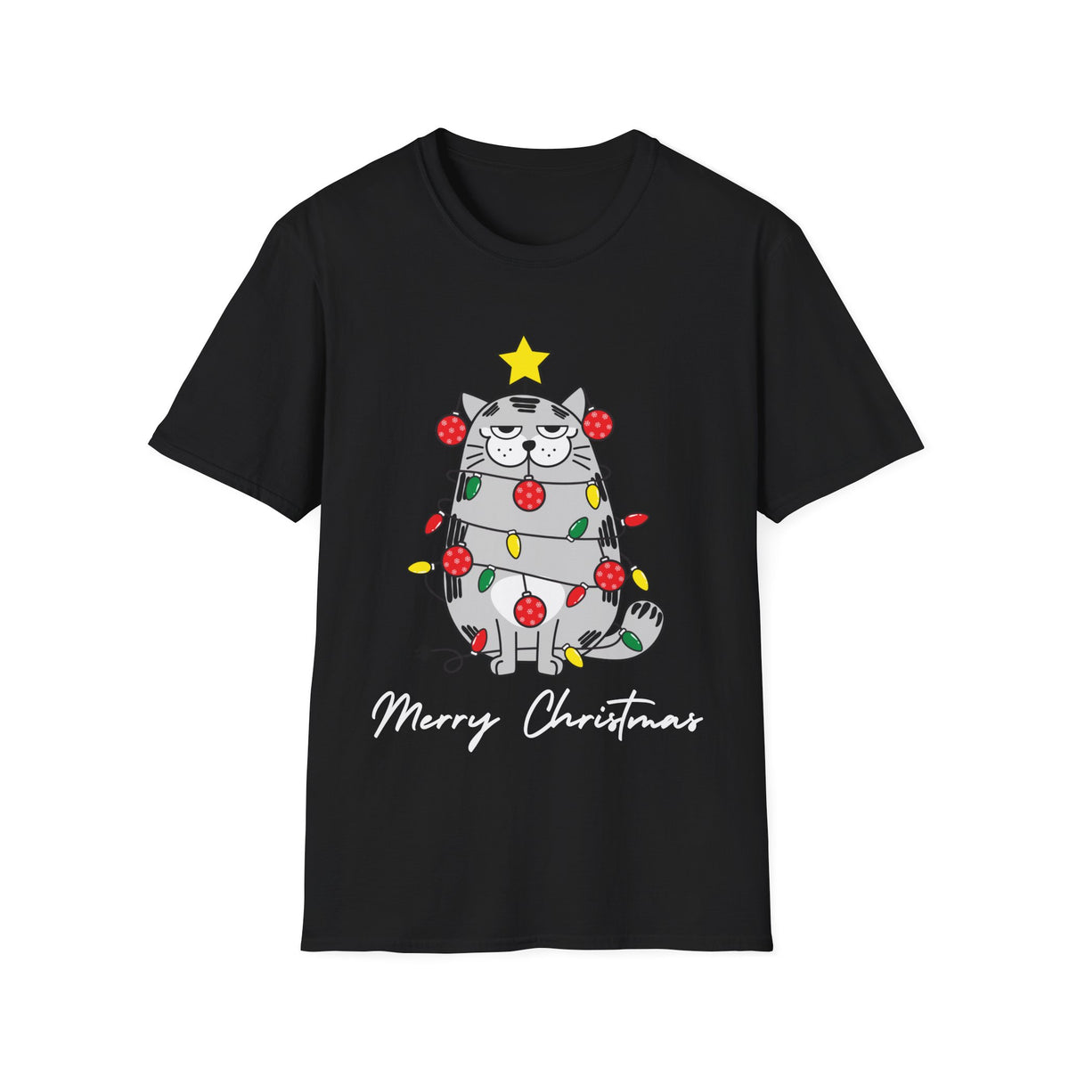 Christmas Cat T-Shirt — "Merry Christmas" Cute Holiday Cat with Lights