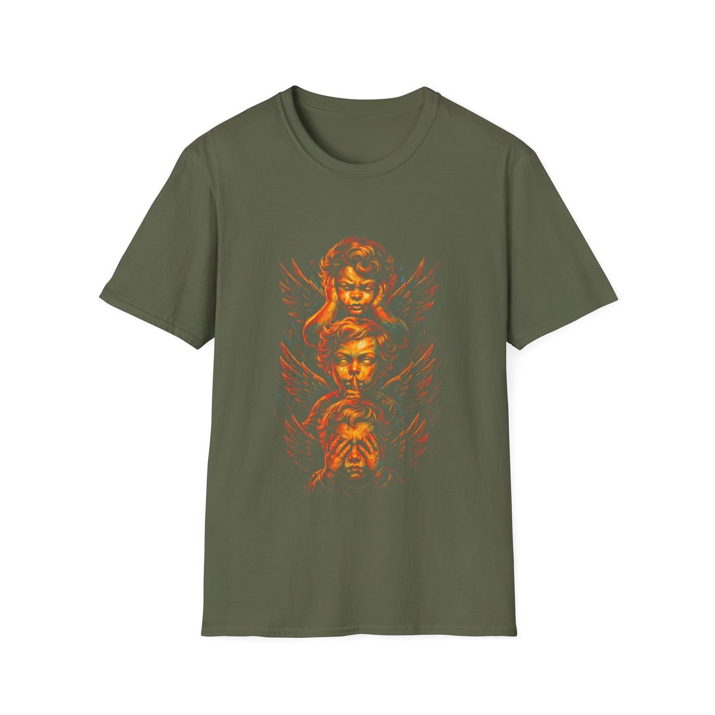Cherubic Skull Trio T-Shirt — Gothic Angel Wings Vintage-Style Tee