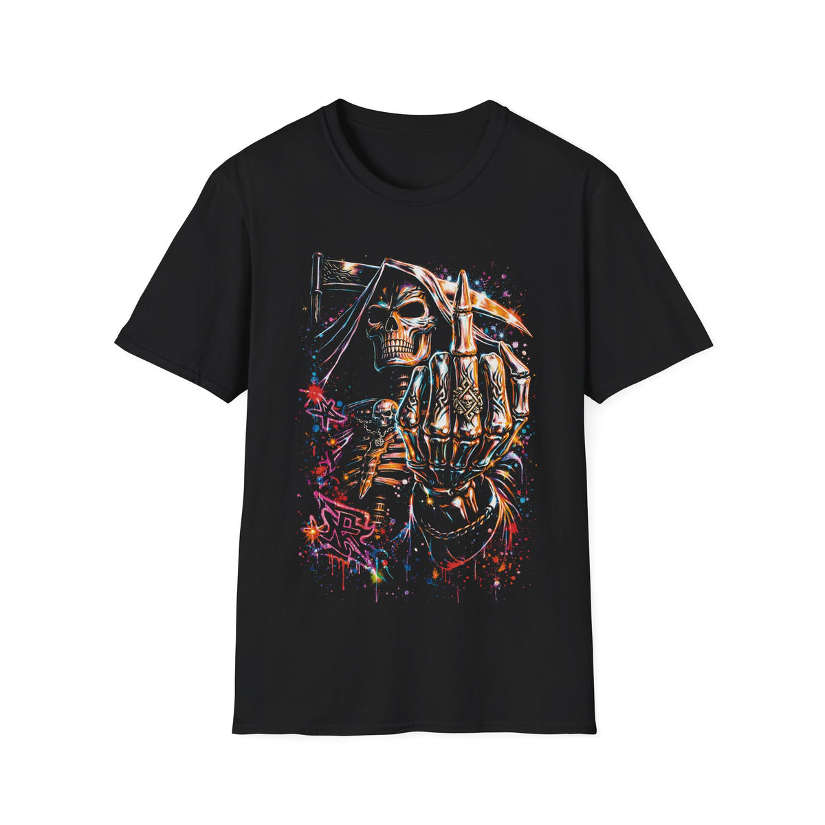 Skull Rebel T-Shirt — Neon Skeleton Middle Finger Graphic Tee