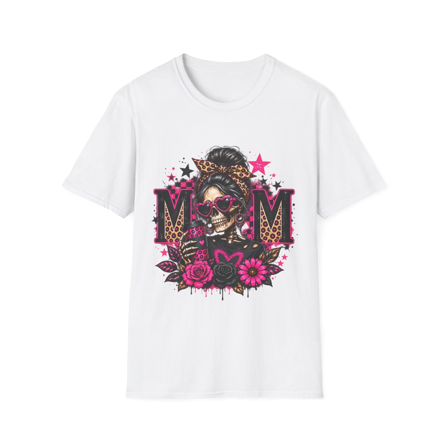 Mom Skull Graphic T-Shirt — Rockabilly Leopard Headband & Pink Floral Design