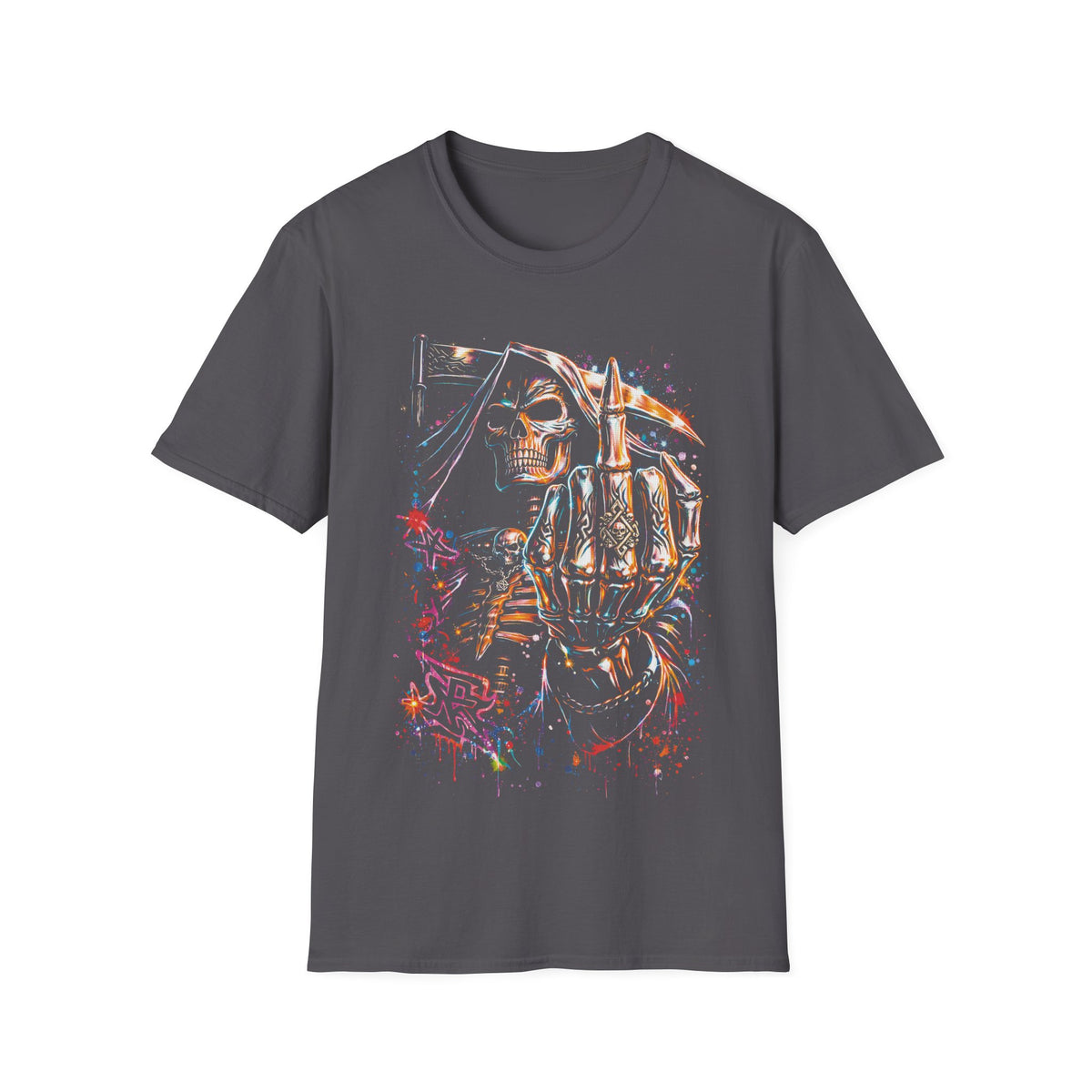 Skull Rebel T-Shirt — Neon Skeleton Middle Finger Graphic Tee