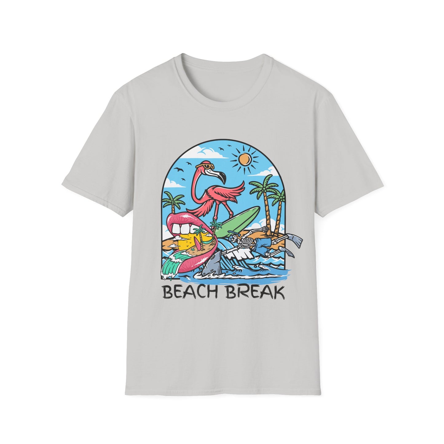 Beach Break T-Shirt — Retro Flamingo Surf Graphic Tee