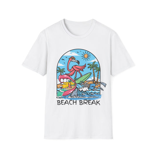 Beach Break T-Shirt — Retro Flamingo Surf Graphic Tee