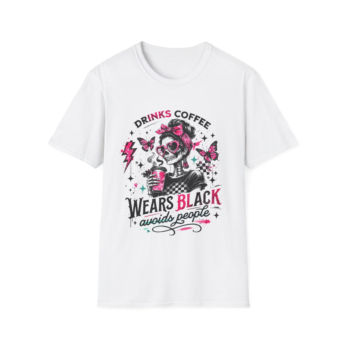Drinks Coffee, Wears Black Tee — Gothic Skull Coffee Lover T-Shirt