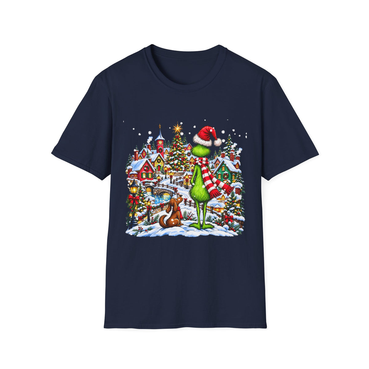 Grinch Christmas Village T‑Shirt – Funny Holiday Holiday Tee with Santa Hat Grinch and Dog