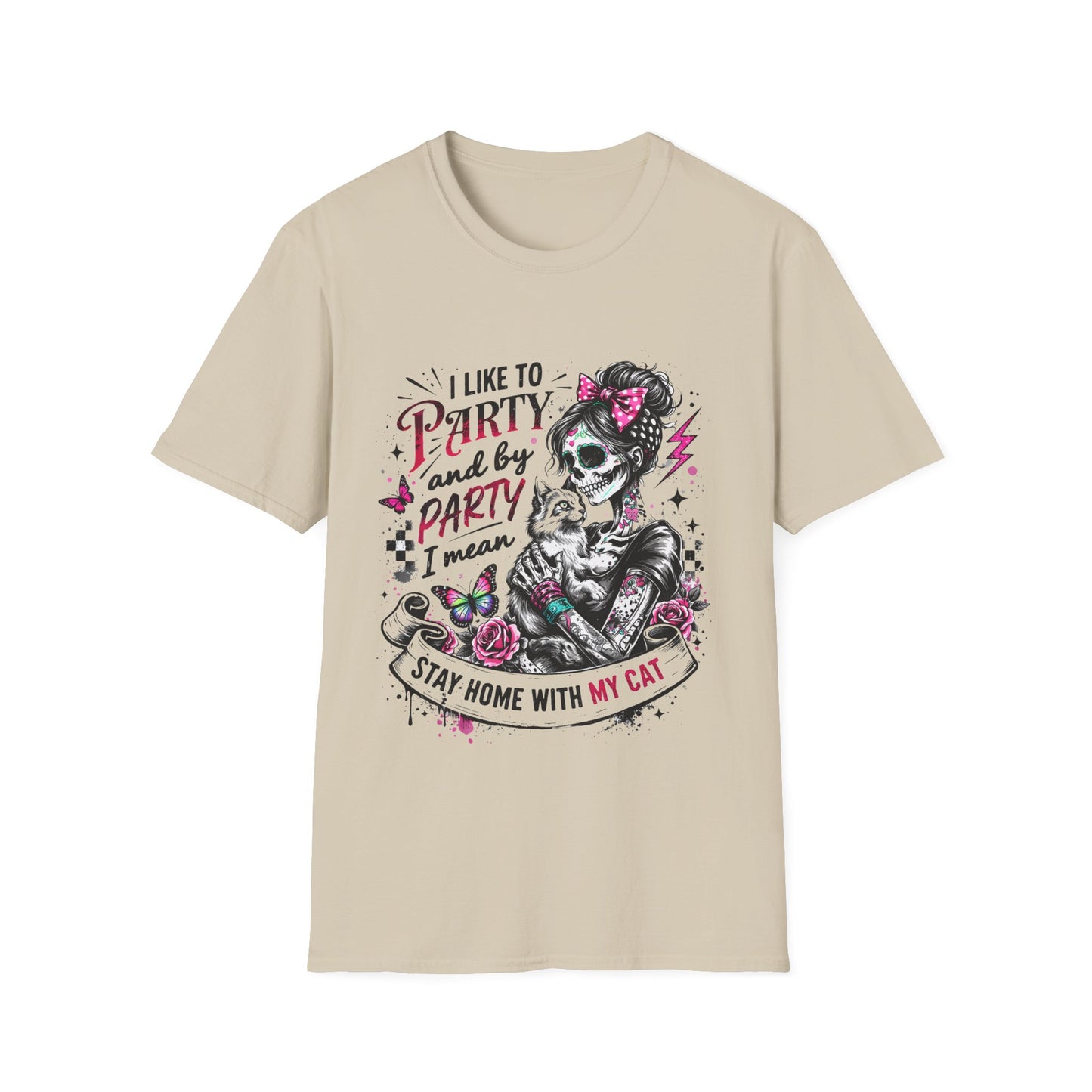 Cat Lover Skull Tee — "I Like to Party and by Party I Mean Stay Home With My Cat"