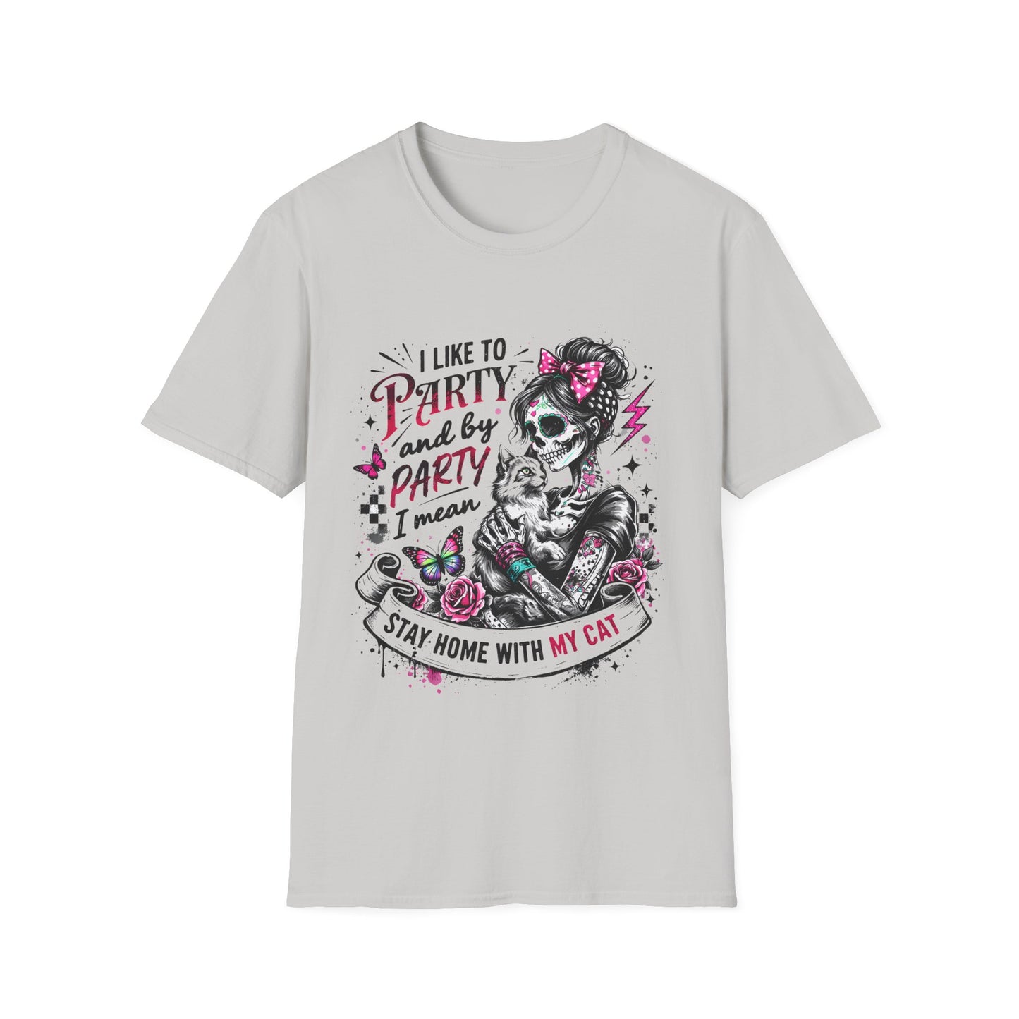 Cat Lover Skull Tee — "I Like to Party and by Party I Mean Stay Home With My Cat"