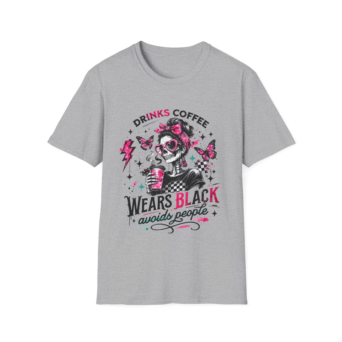 Drinks Coffee, Wears Black Tee — Gothic Skull Coffee Lover T-Shirt