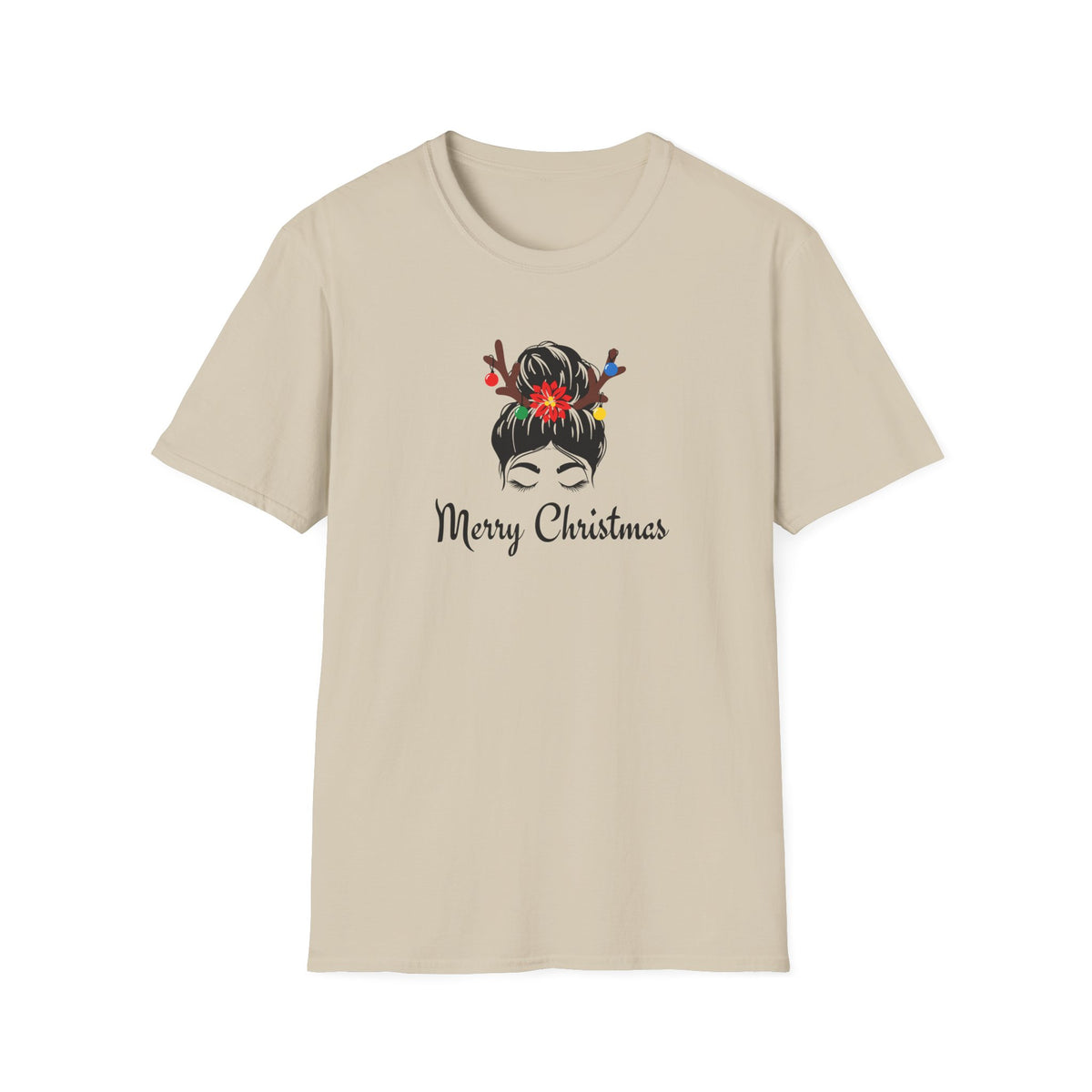 Merry Christmas Messy Bun T-Shirt — Holiday Reindeer Antler Hair Tees