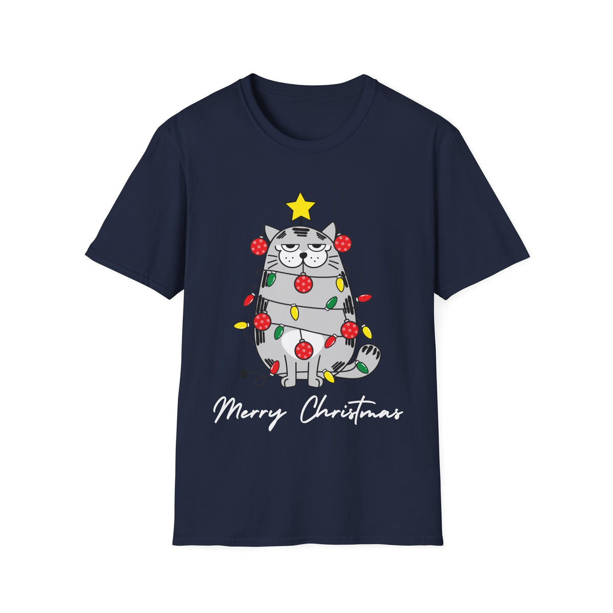 Christmas Cat T-Shirt — "Merry Christmas" Cute Holiday Cat with Lights