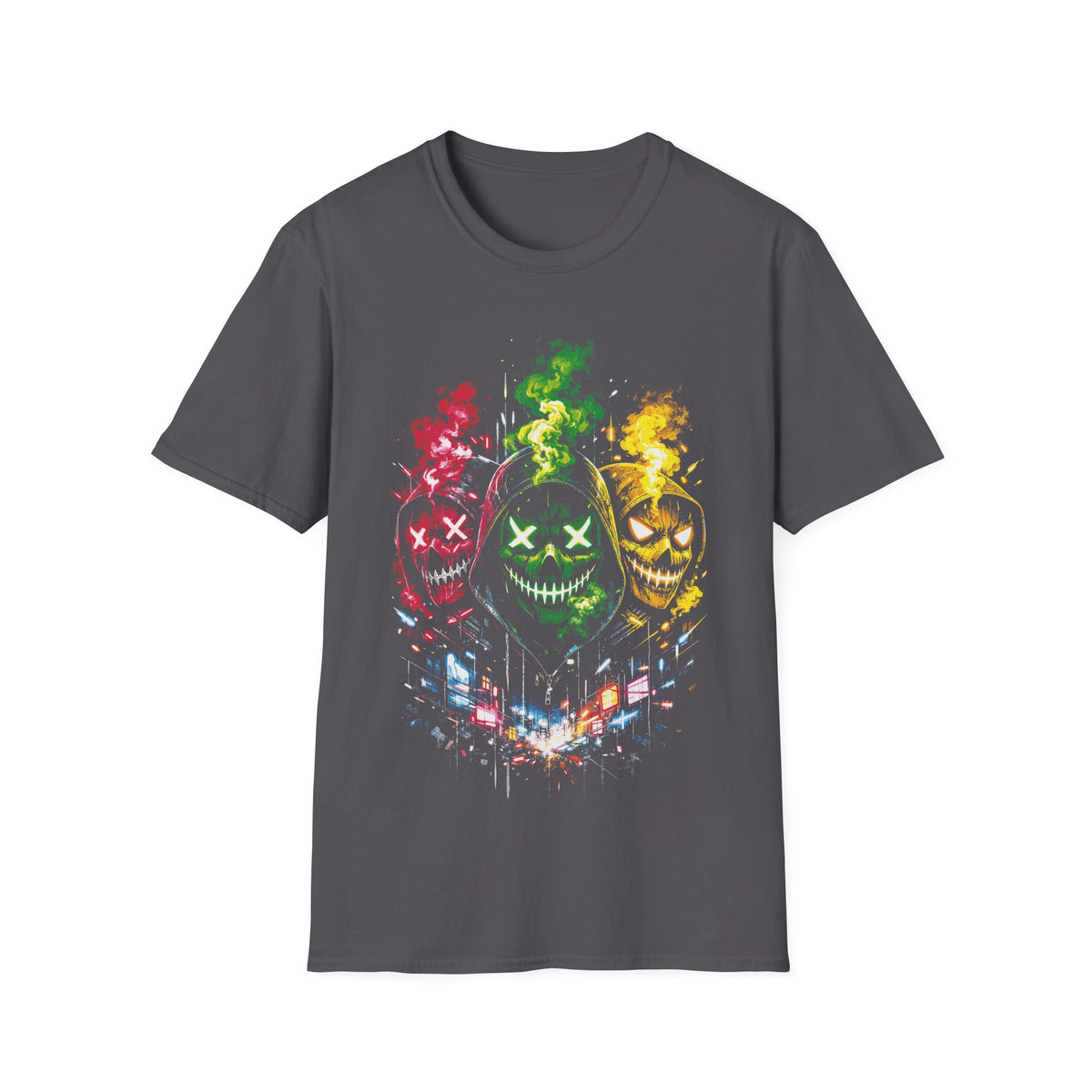 Skull Triptych Graphic T-Shirt — Neon Horror Mask Design