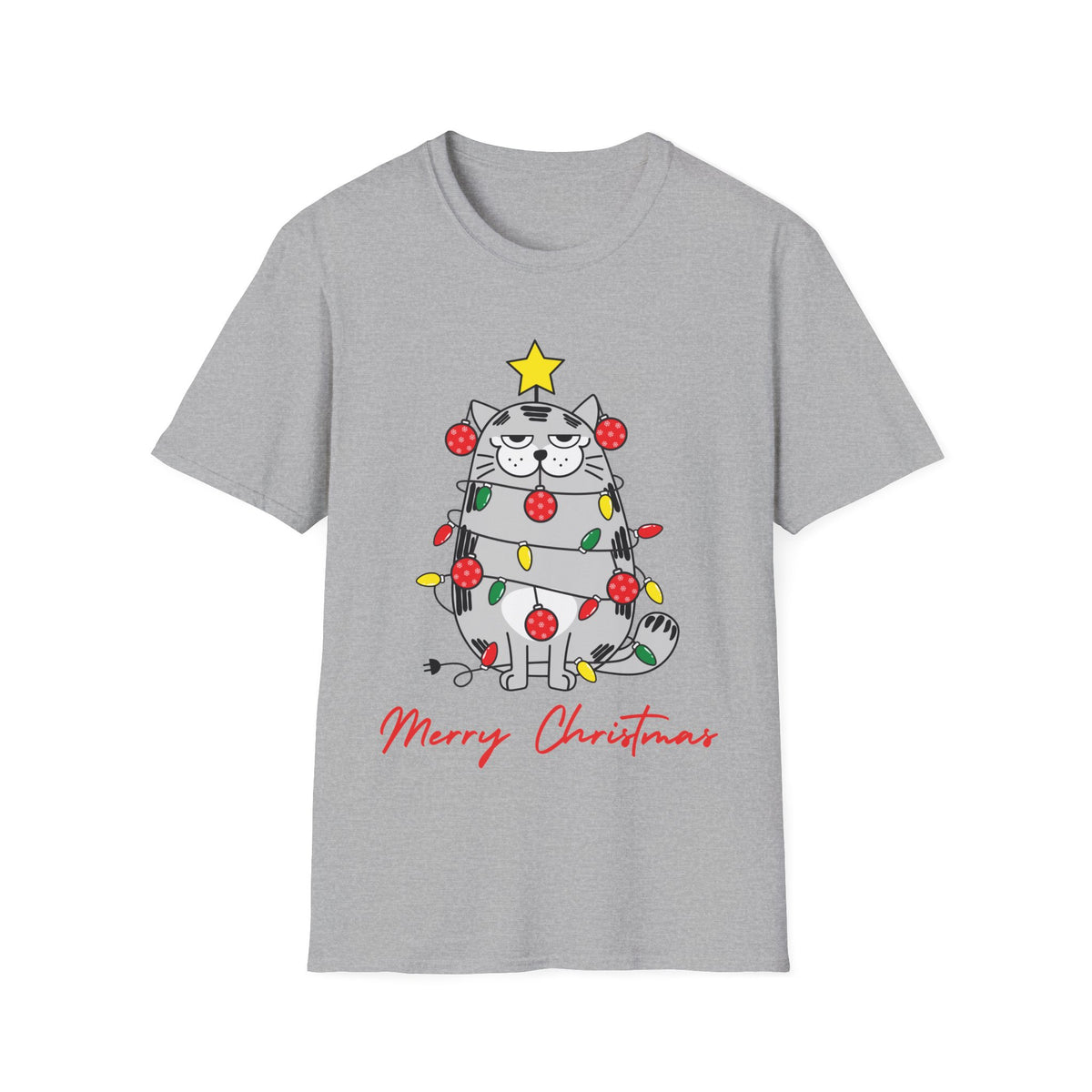 Christmas Cat T-Shirt — "Merry Christmas" Cute Holiday Cat with Lights