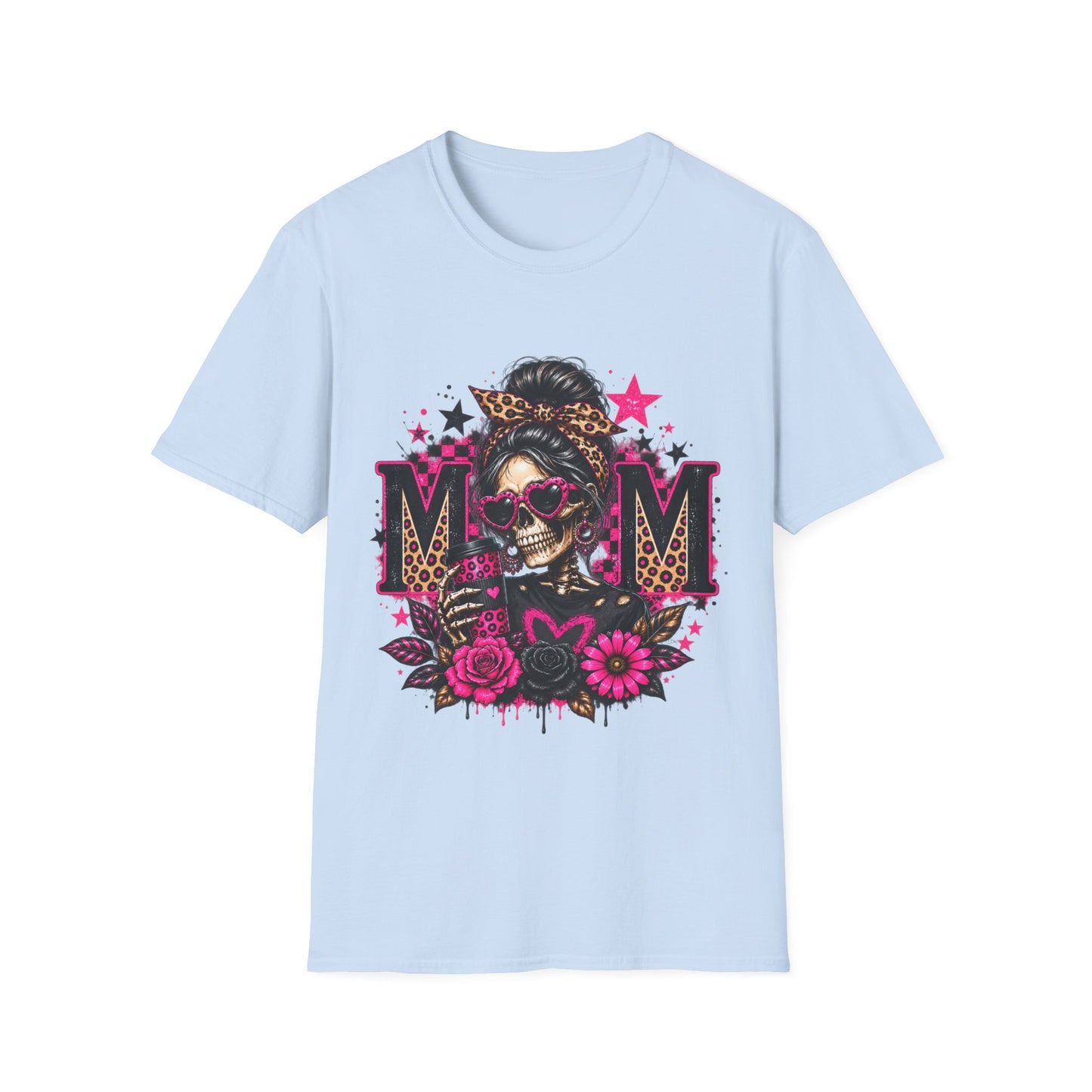 Mom Skull Graphic T-Shirt — Rockabilly Leopard Headband & Pink Floral Design